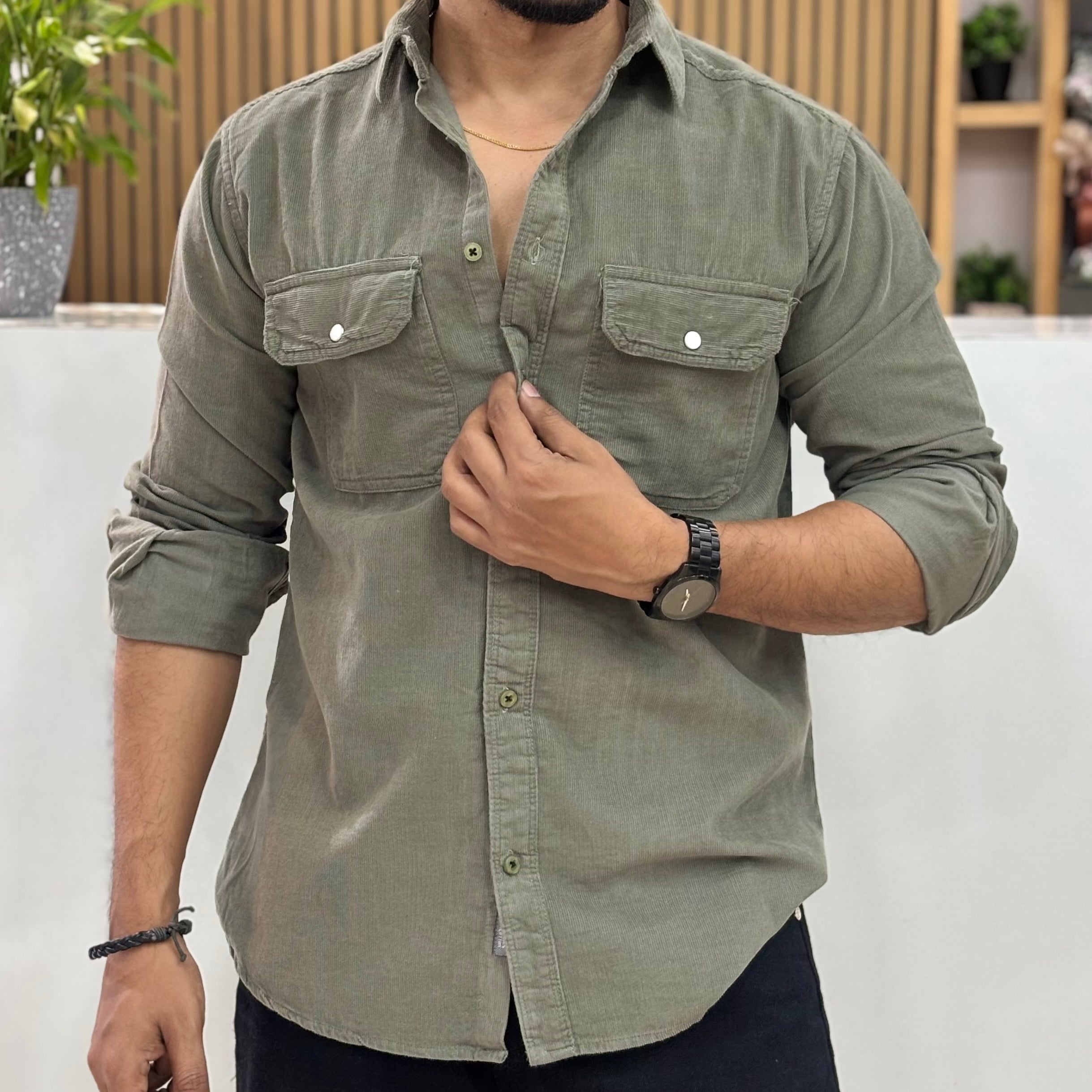 Corduroy Shirt Charcoal Olive