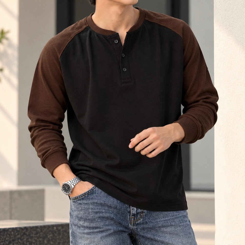 Raglan Ribbed Henley T-Shirt - Black