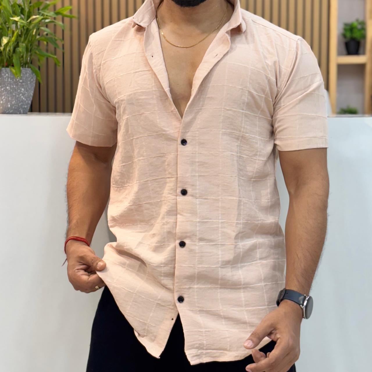Linen Checks Half Sleeve Shirt Peach