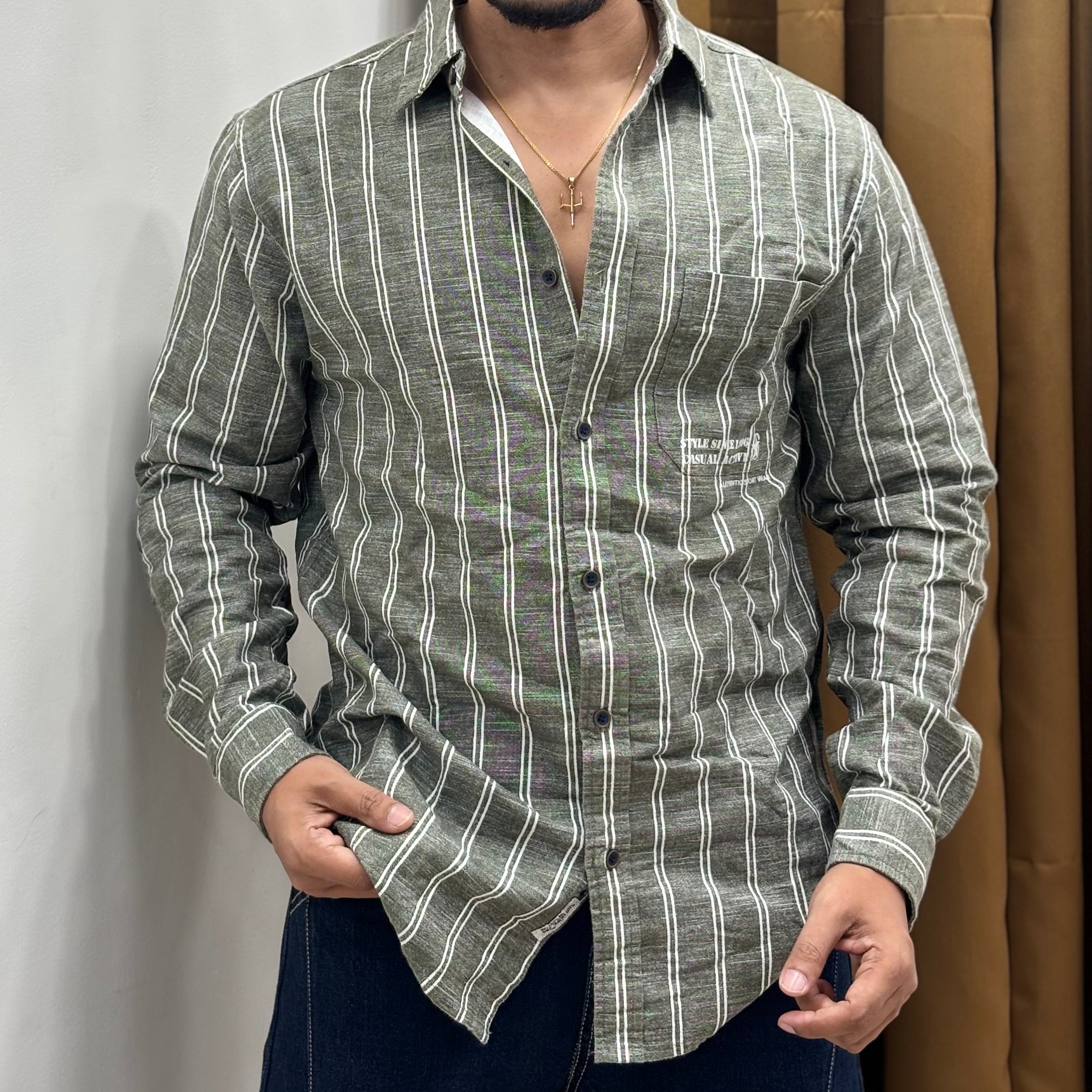 Sage Green Vertical Stripe Shirt