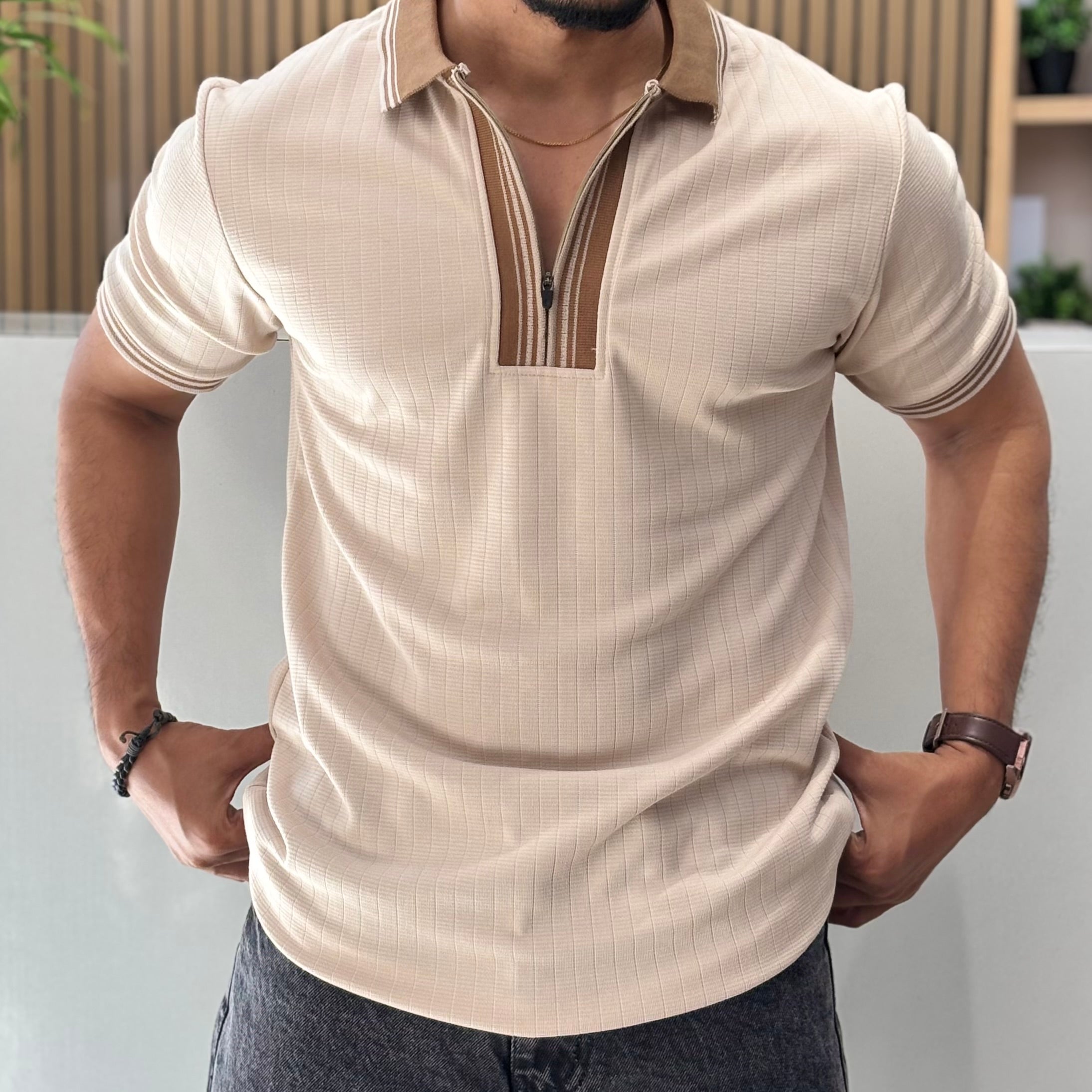 Premium Ribbed Polo T-Shirt - Soft Ivory