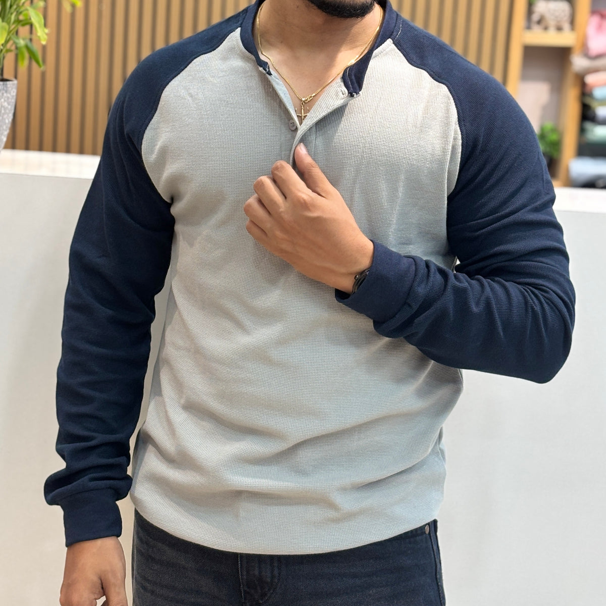 Raglan Ribbed Henley T-Shirt - Grey