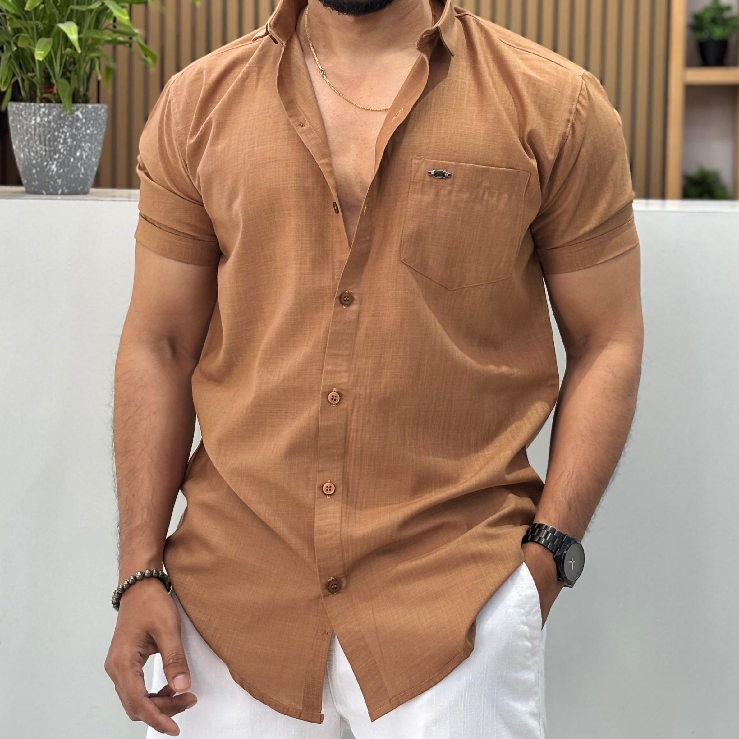 Half Sleeve Linen Blend Shirt Warm Tan