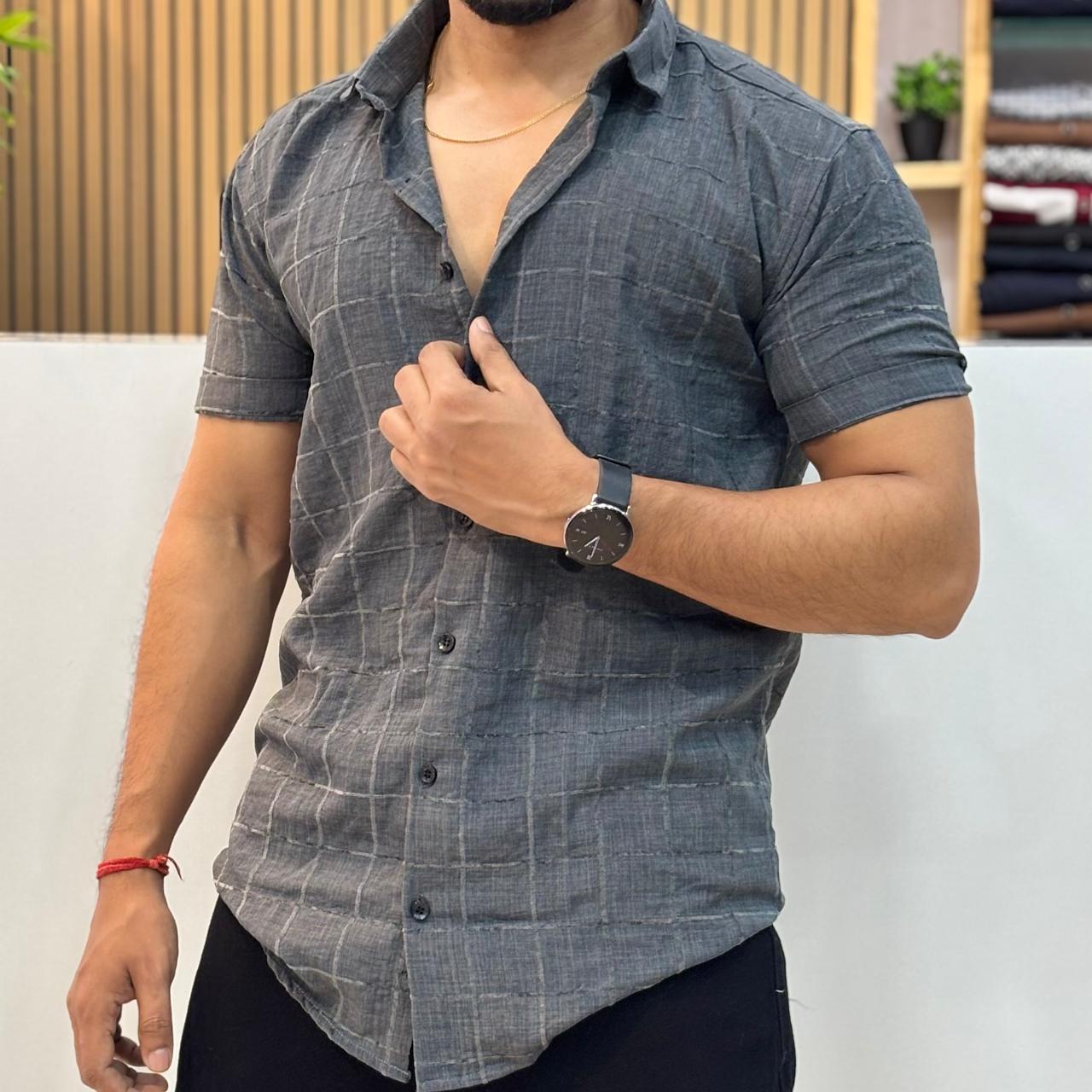 Linen Checks Half Sleeve Shirt Charcoal
