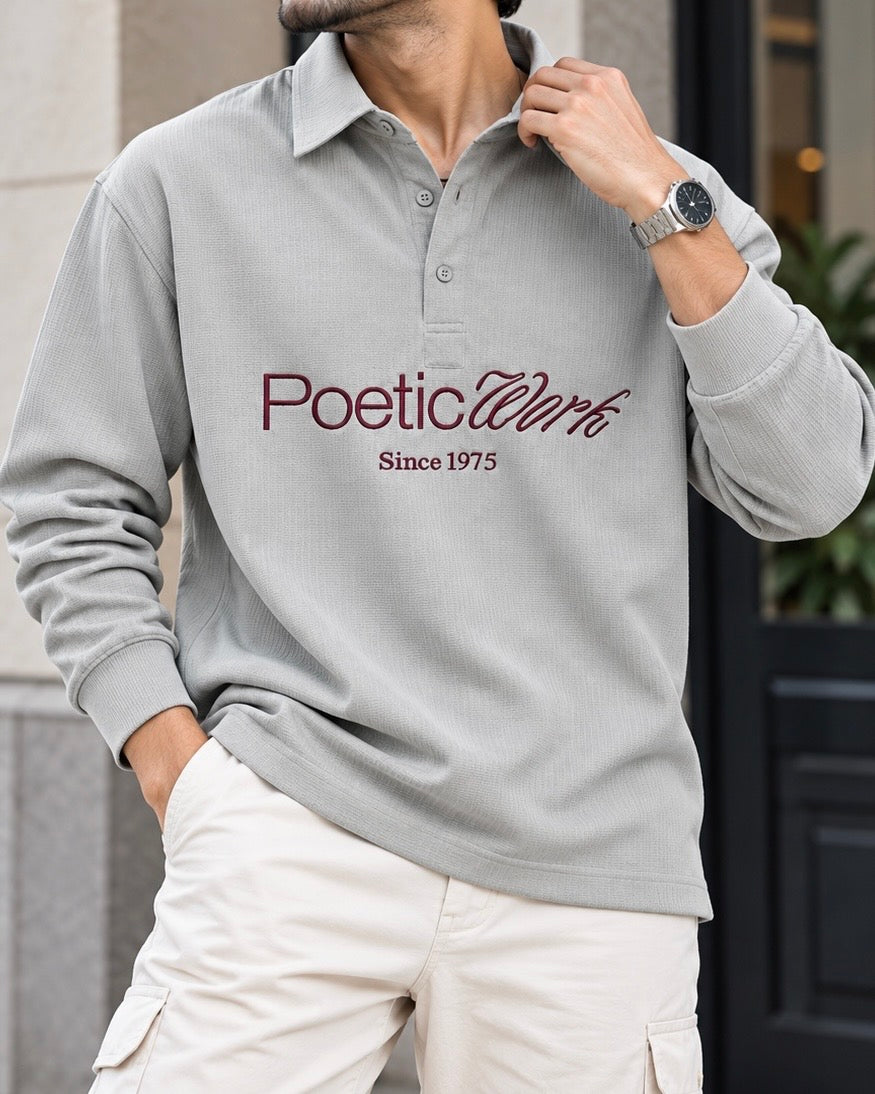 Embroidered Waffle Boxy Fit Polo - Grey