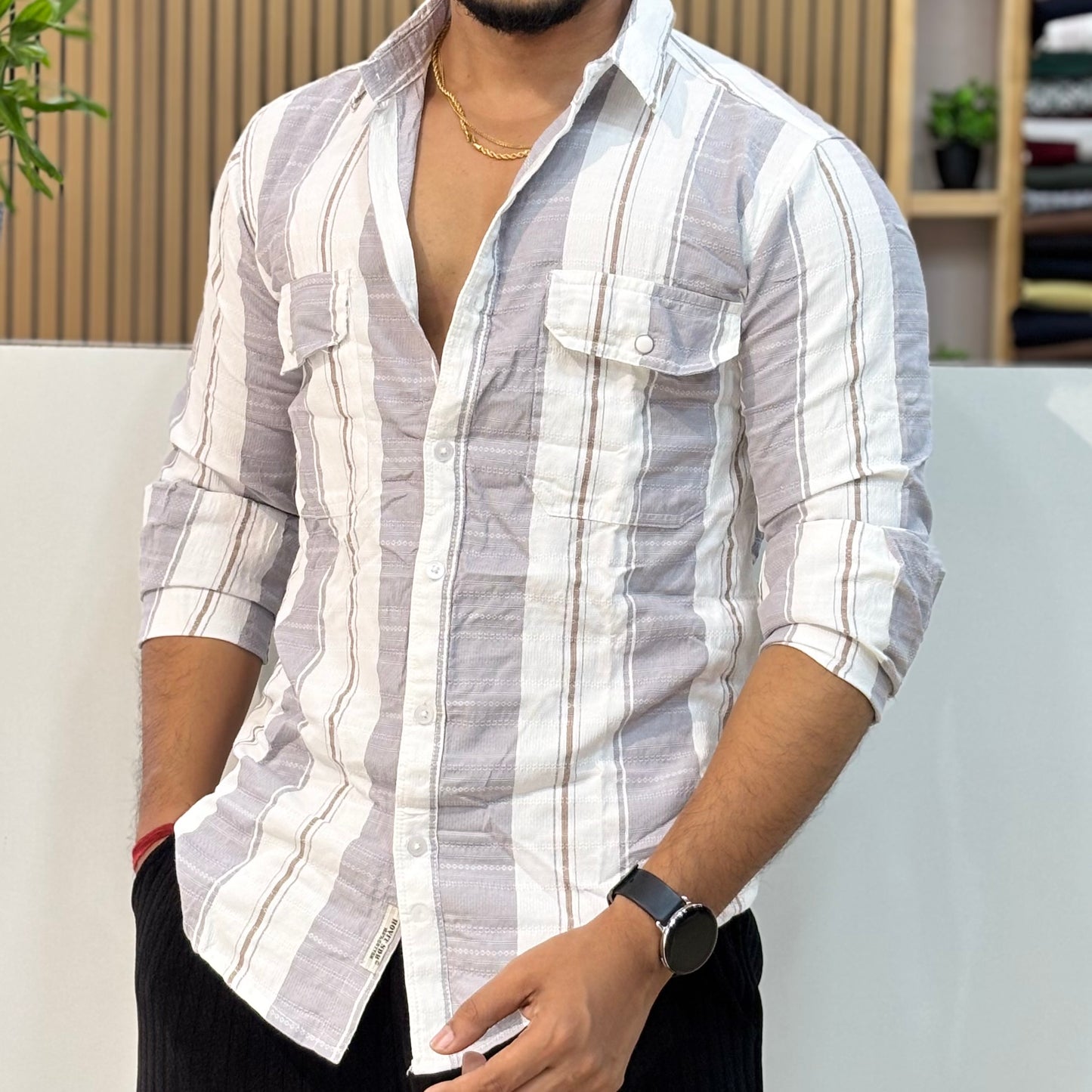 Grey Self Texture Stripe Shirt
