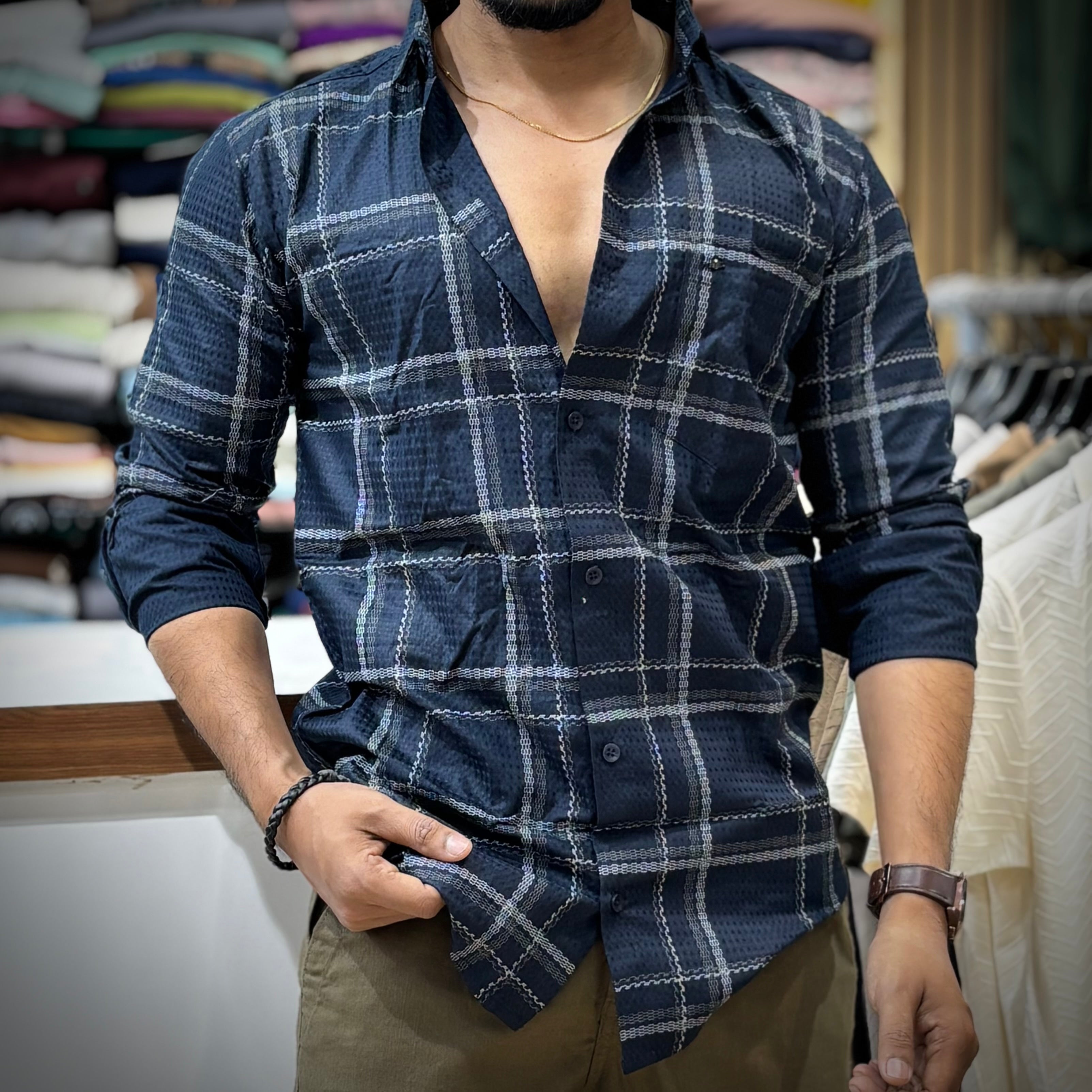 Self Texture Blue Check Shirt