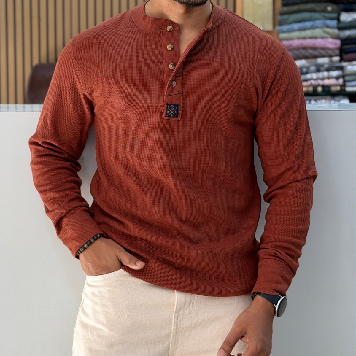 Henley Neck Regular Fit Pure Cotton T-shirt - Rust