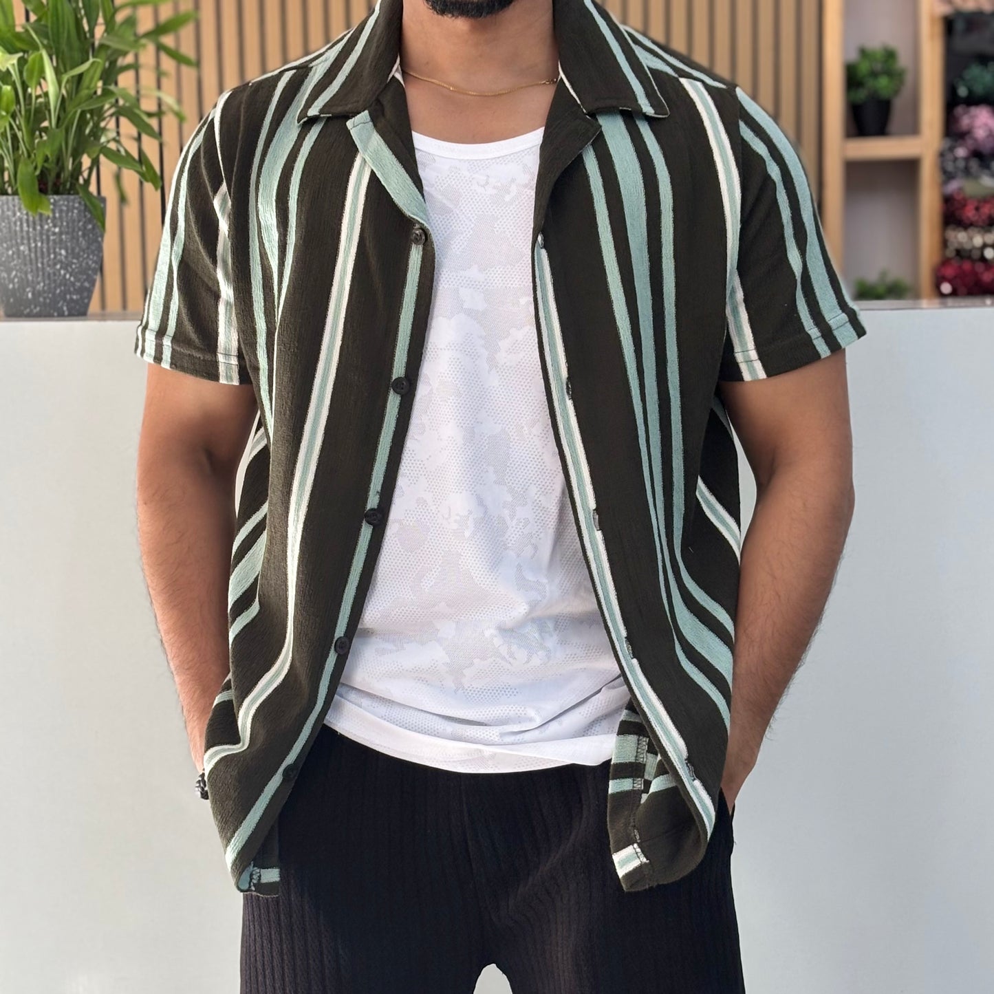 Green Striped Cuban Collar Half Sleeve Shirt