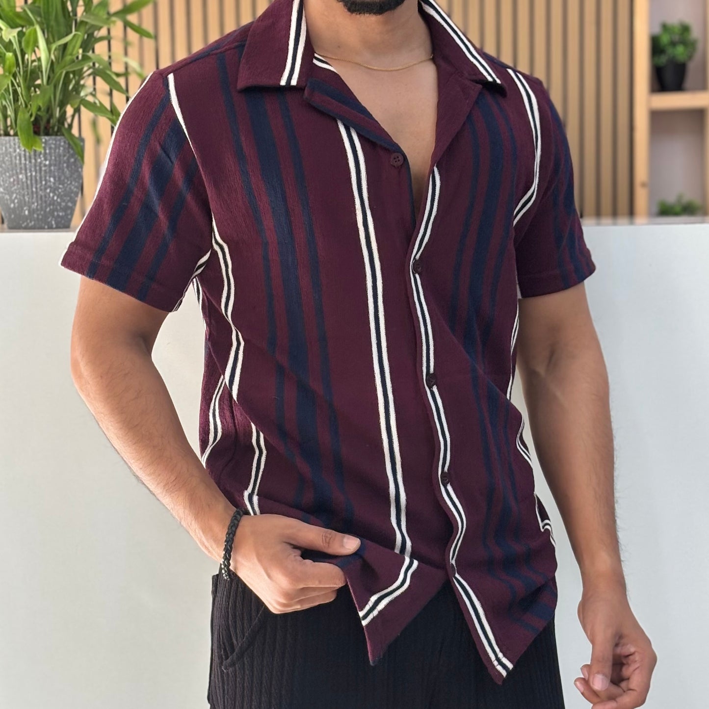 Maroon & Blue Striped Cuban Collar Half Sleeve Shirt