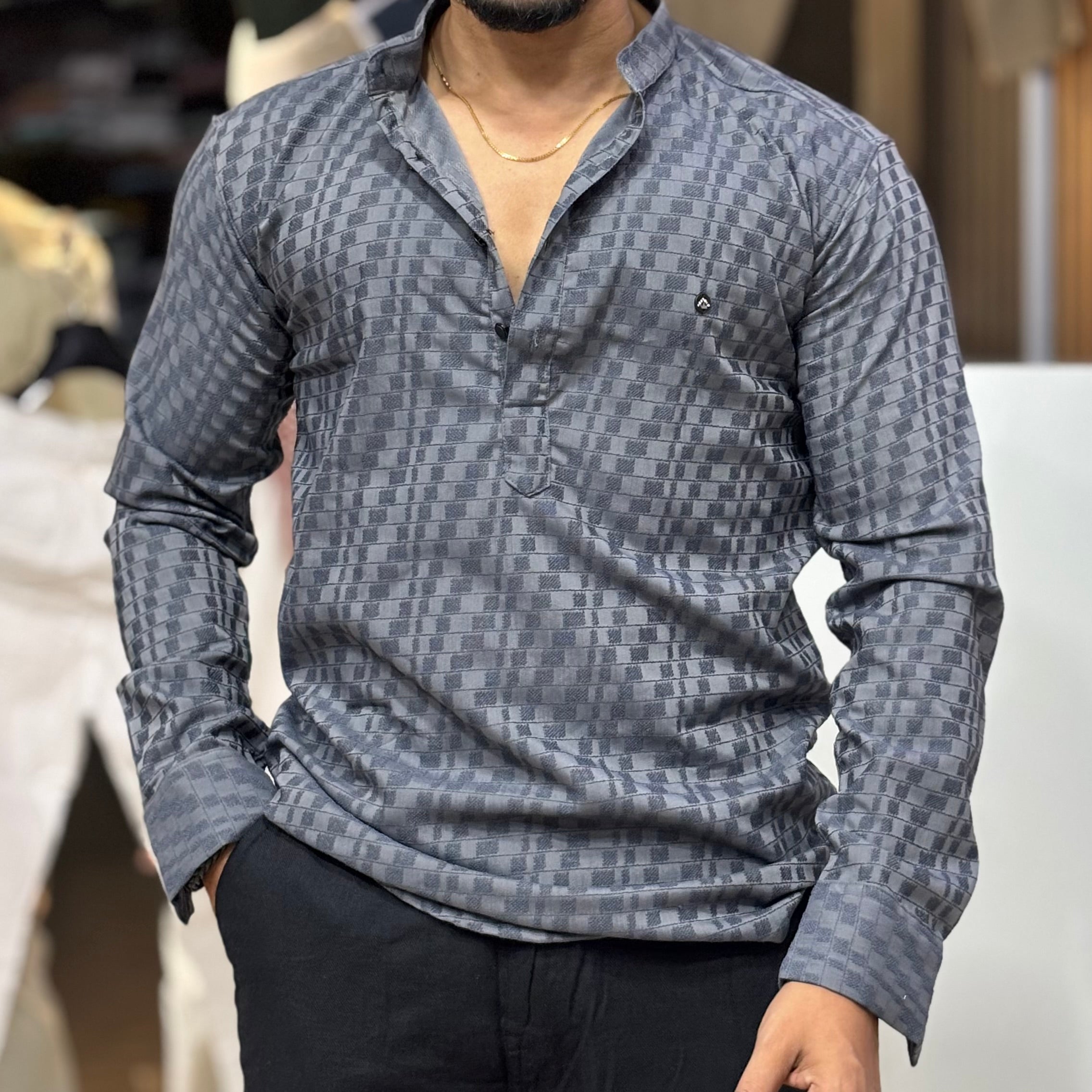 Grey Self Texture Short Kurta