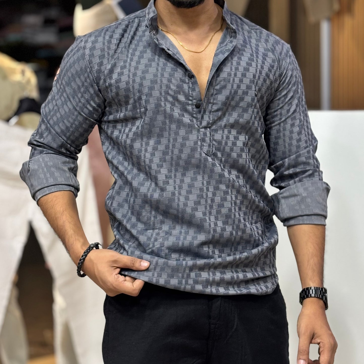 Grey Self Texture Short Kurta