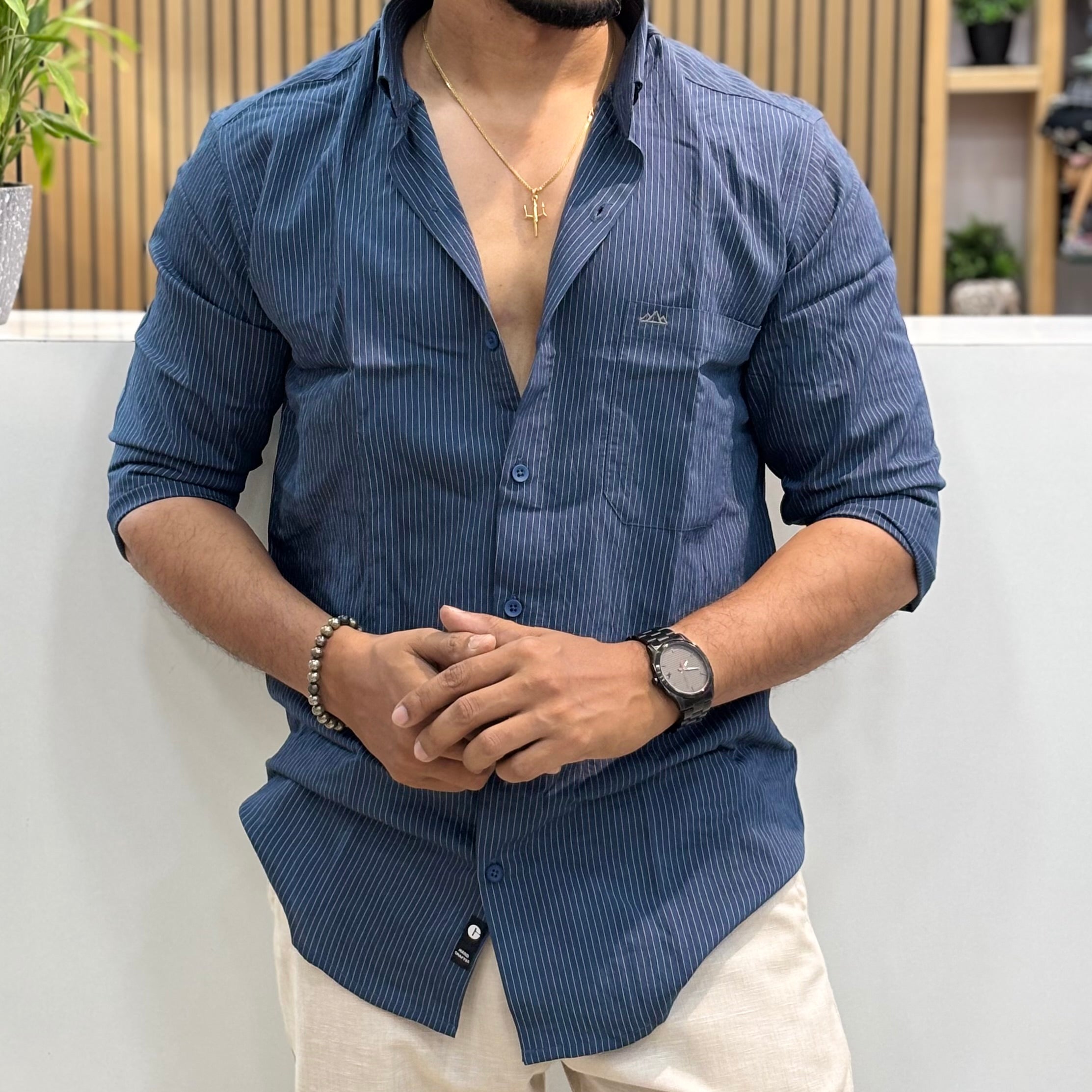 Classic Blue Vertical Stripe Shirt for Men