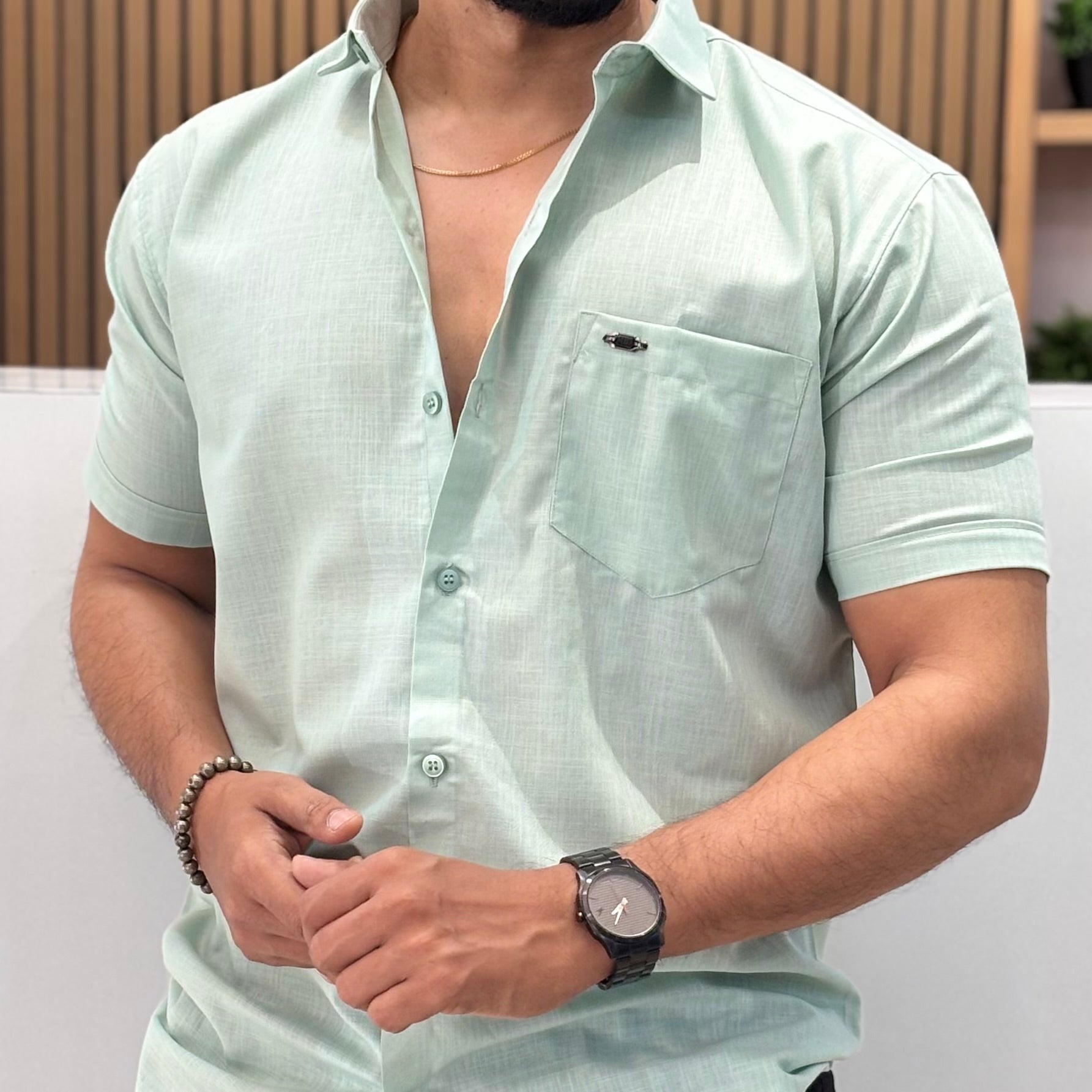 Half Sleeve Linen Blend Shirt Seafoam Green