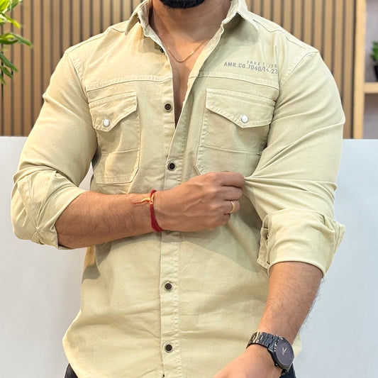 Warm Beige Double Pocket Back Print Shirt
