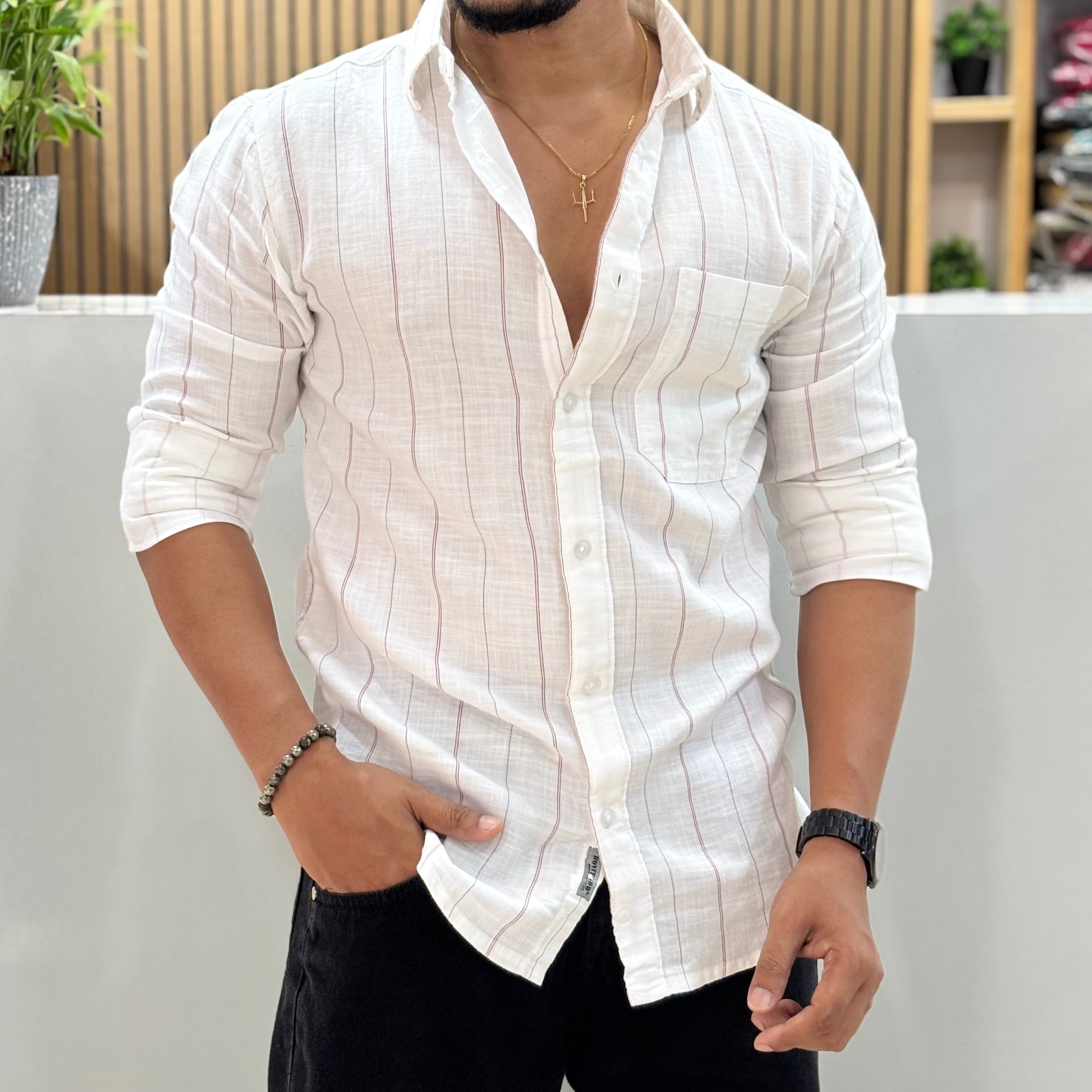 Vertical Stripe Cotton Linen Shirt