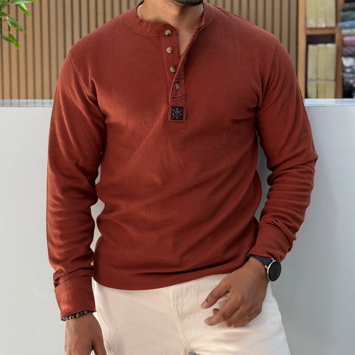 Henley Neck Regular Fit Pure Cotton T-shirt - Rust