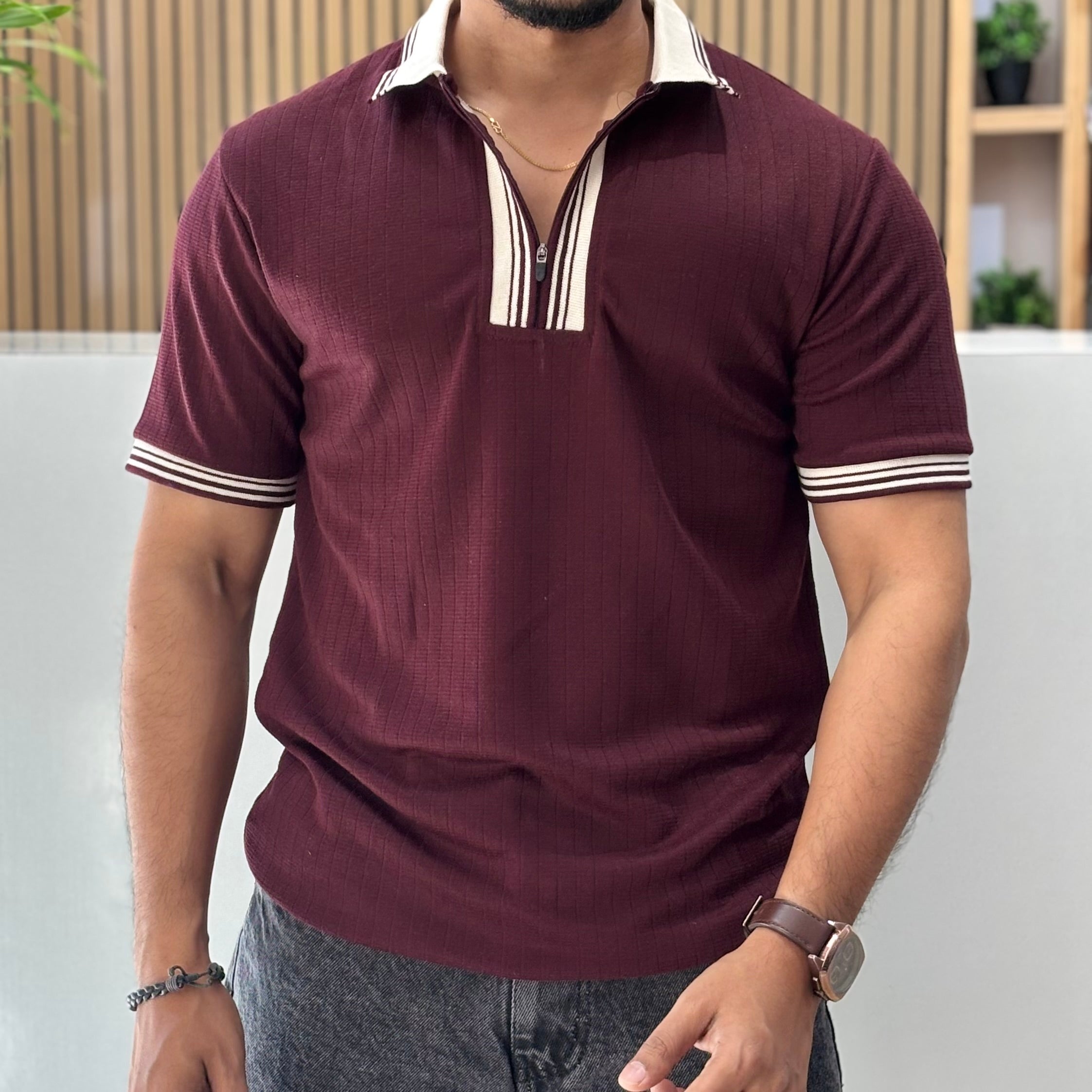 Premium Ribbed Polo T-Shirt - Royal Wine