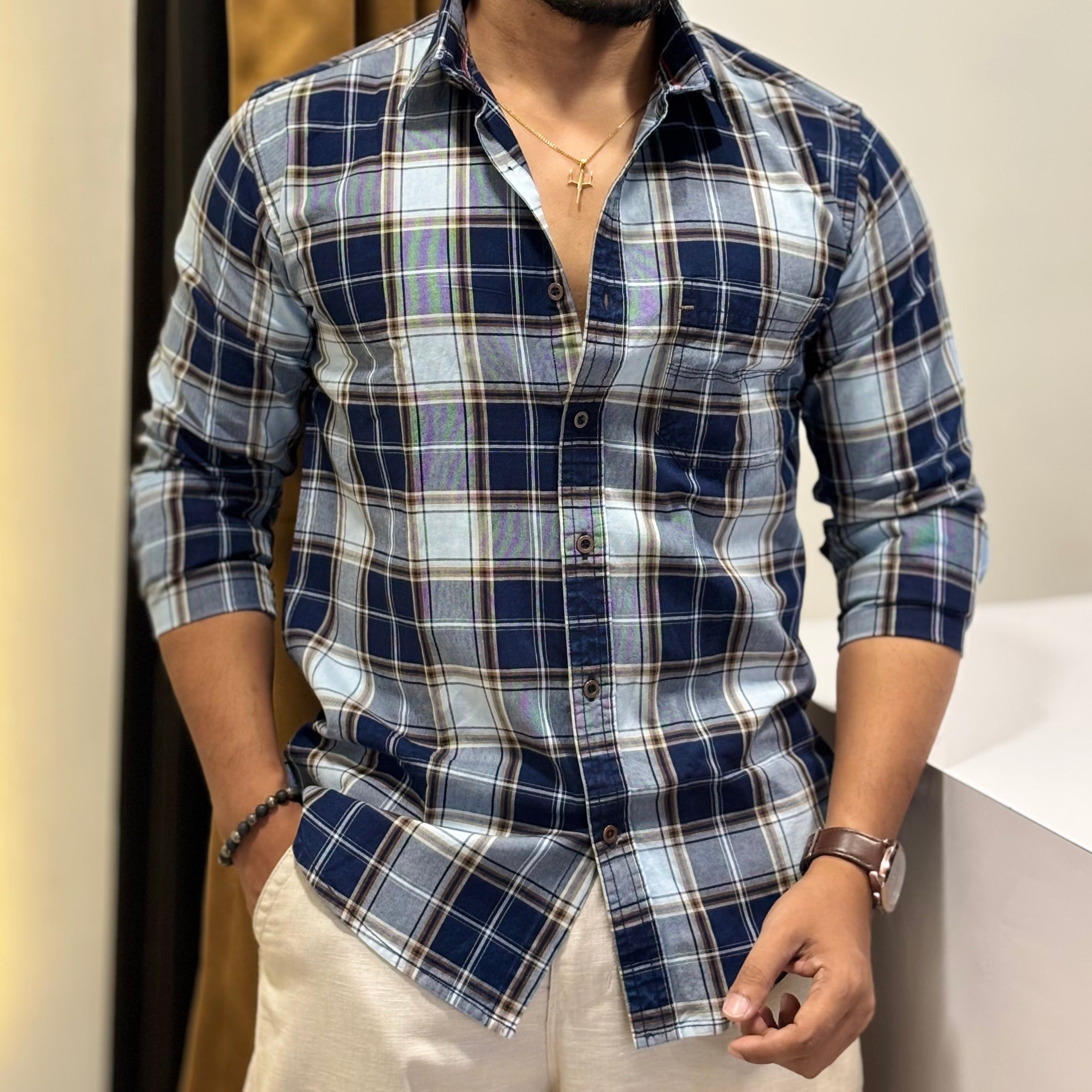 Indigo Plaid Casual Shirt Blue