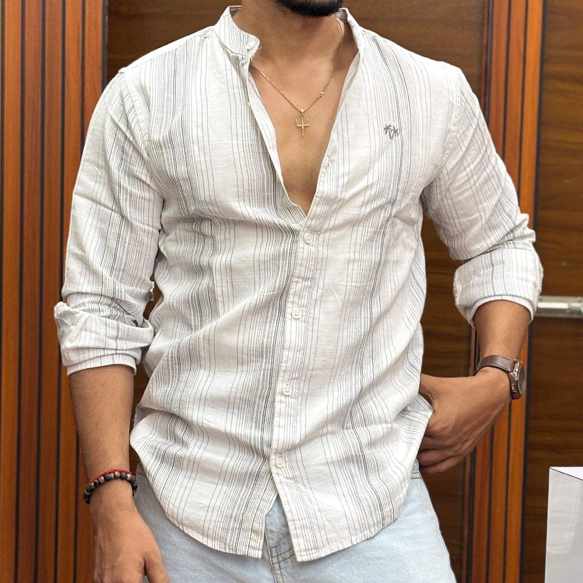 Classic Mandarin Collar Multistripe White Shirt
