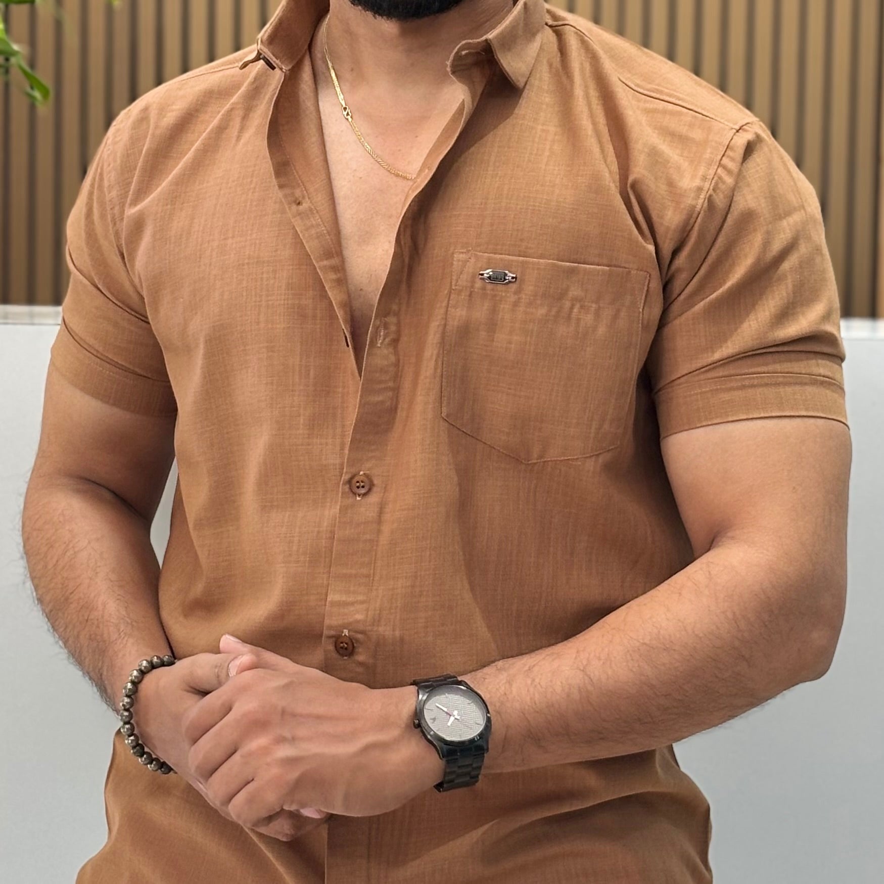 Half Sleeve Linen Blend Shirt Warm Tan