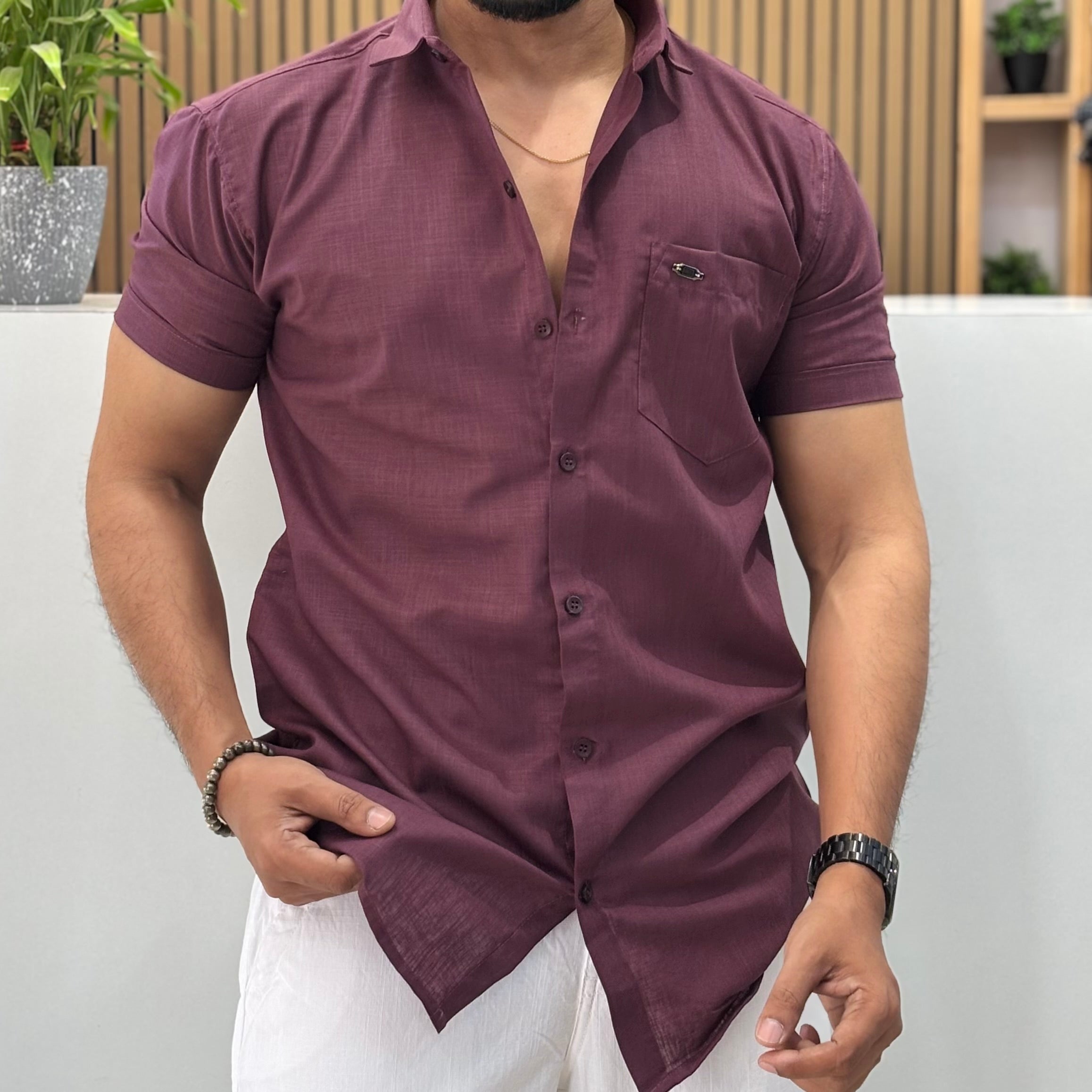 Half Sleeve Linen Blend Shirt Royal Wine