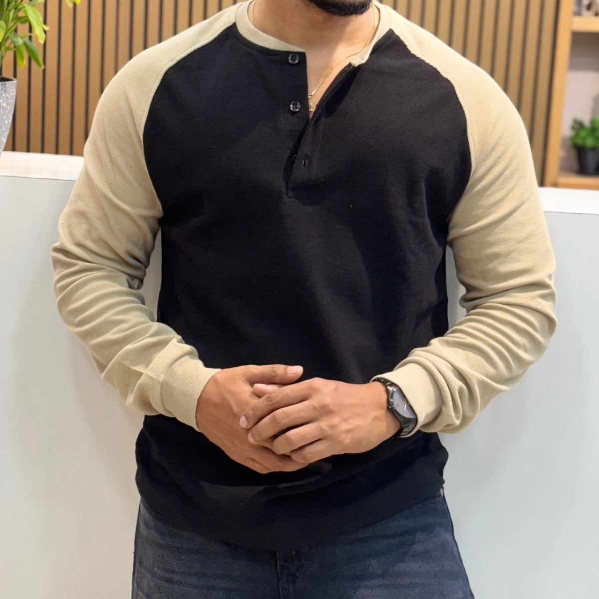 Raglan Ribbed Henley T-Shirt - Black & Beige