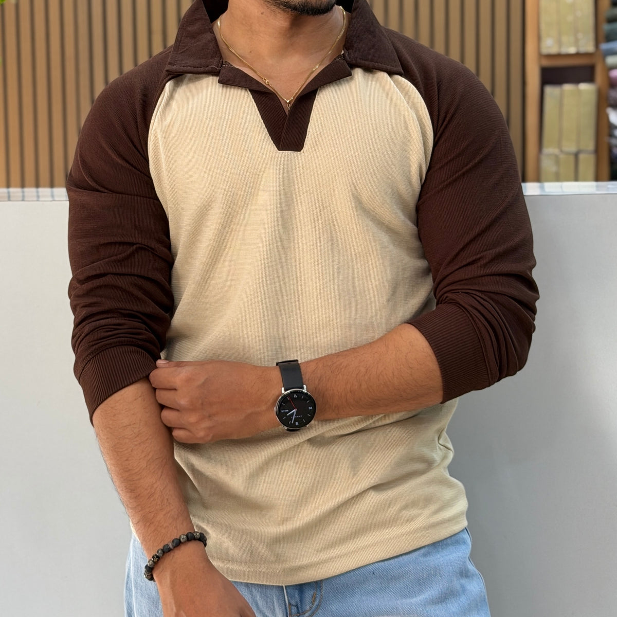 Contrast Collar Polo T-Shirt - Cream