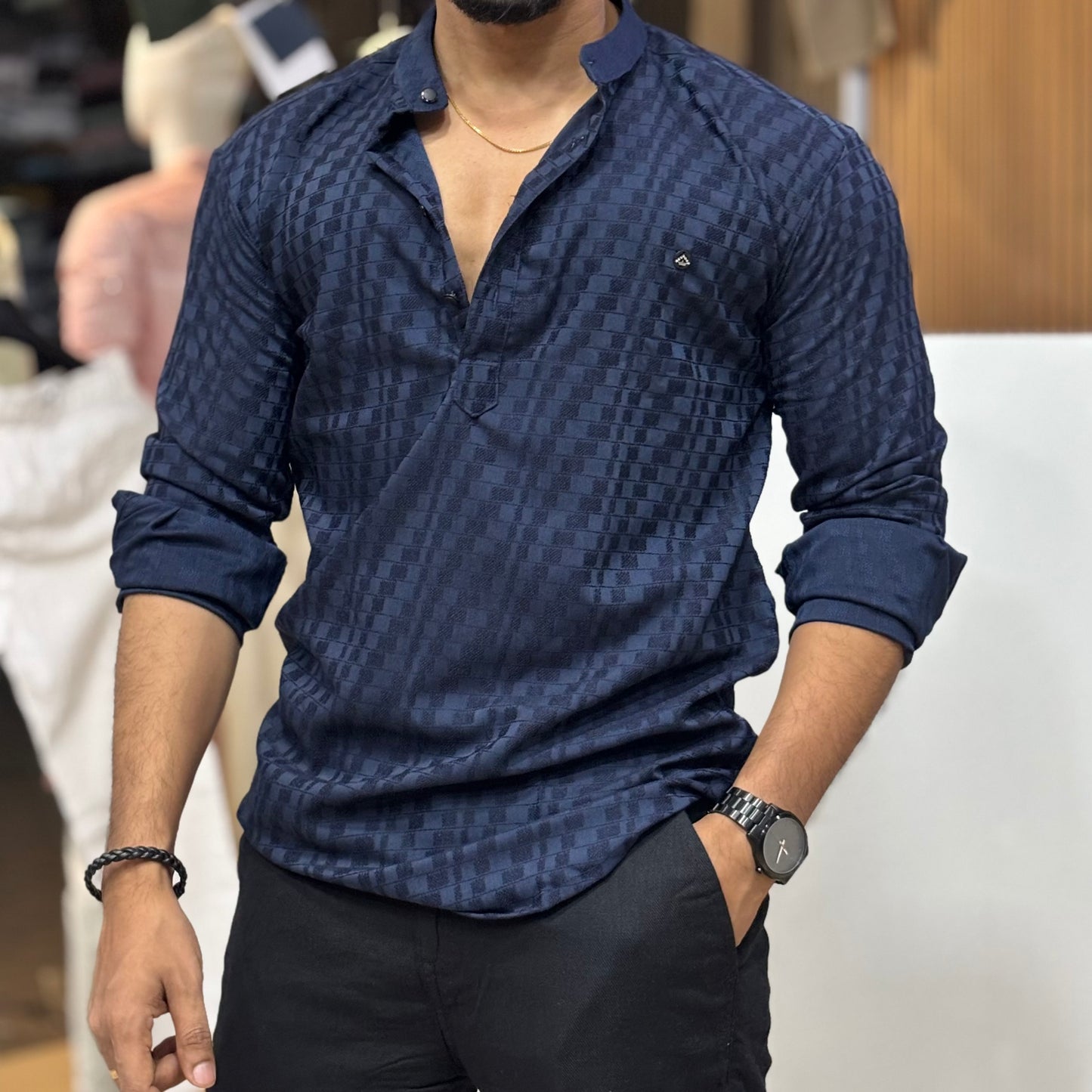 Blue Self Texture Short Kurta