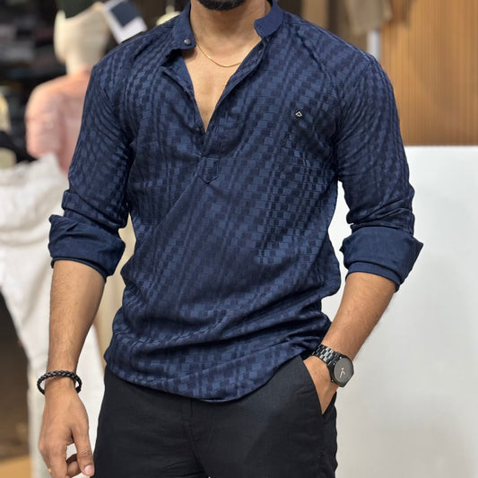 Blue Self Texture Short Kurta