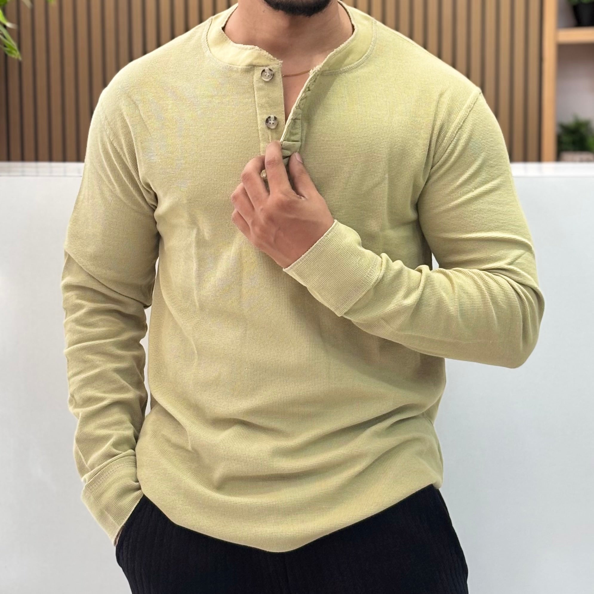 Henley Neck Regular Fit Pure Cotton T-shirt - Pistachio