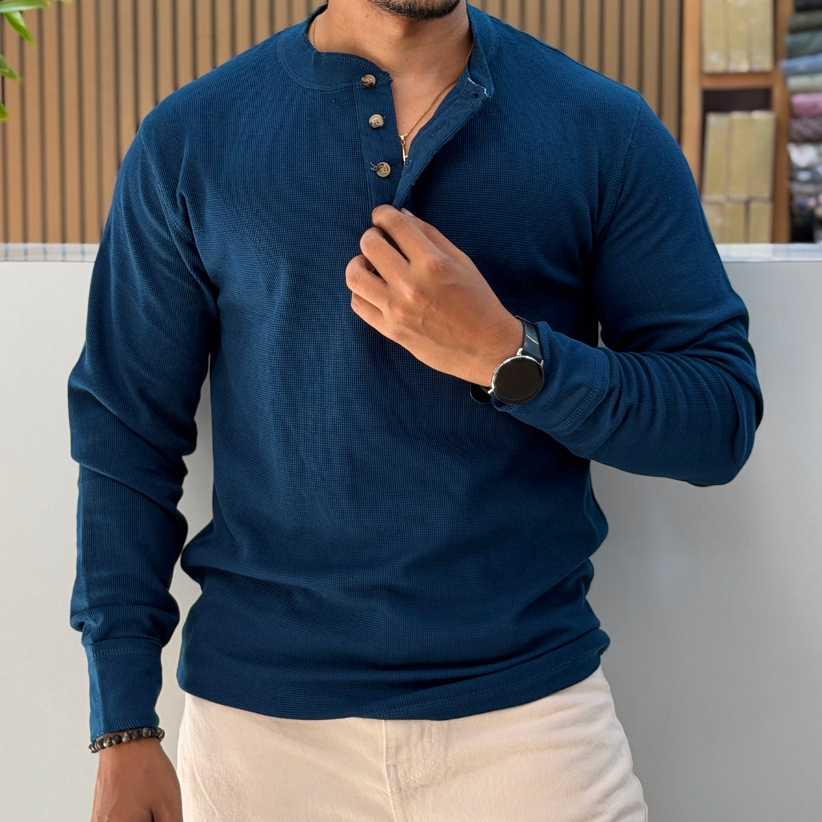 Henley Neck Regular Fit Pure Cotton T-shirt - Teal Blue