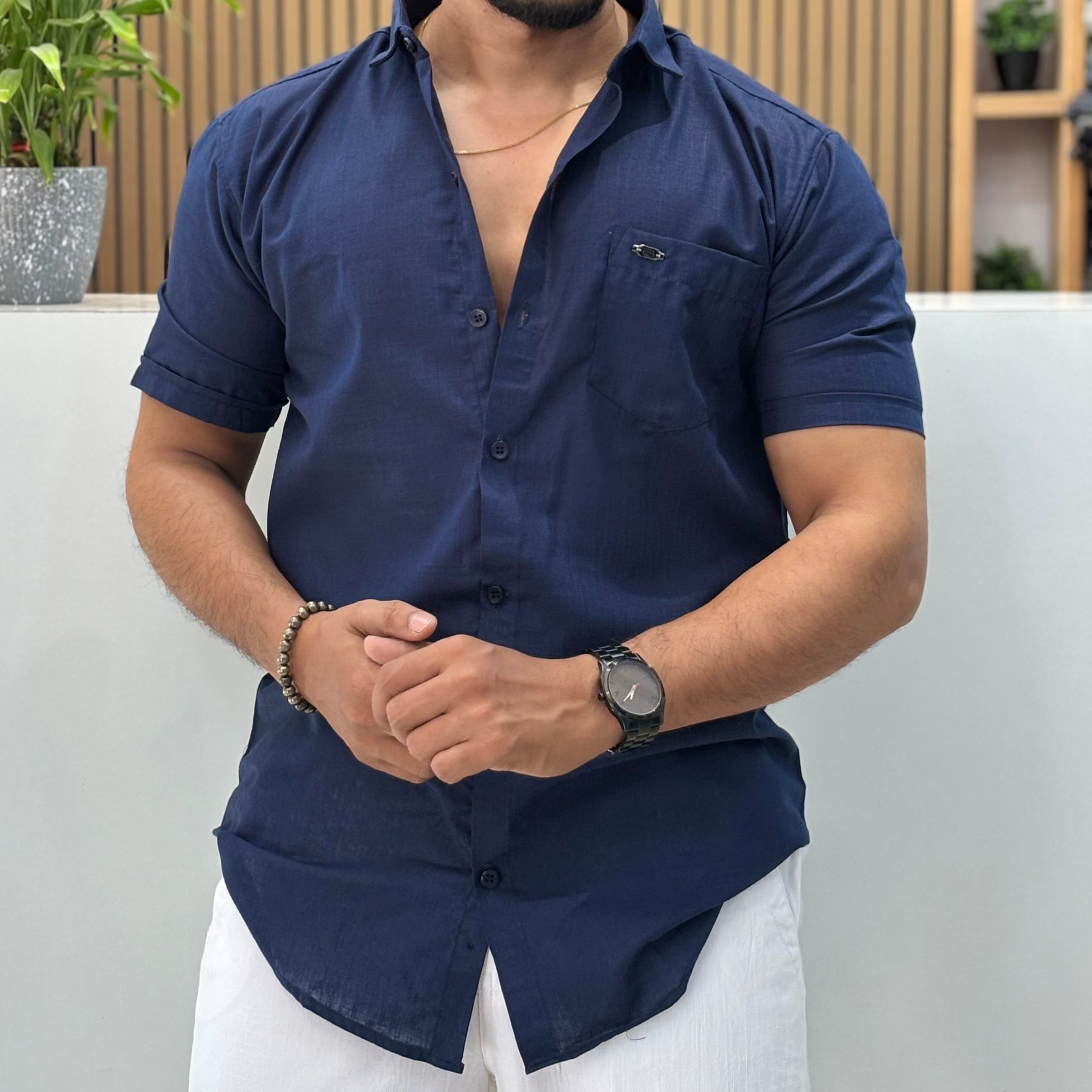 Half Sleeve Linen Blend Shirt Blue