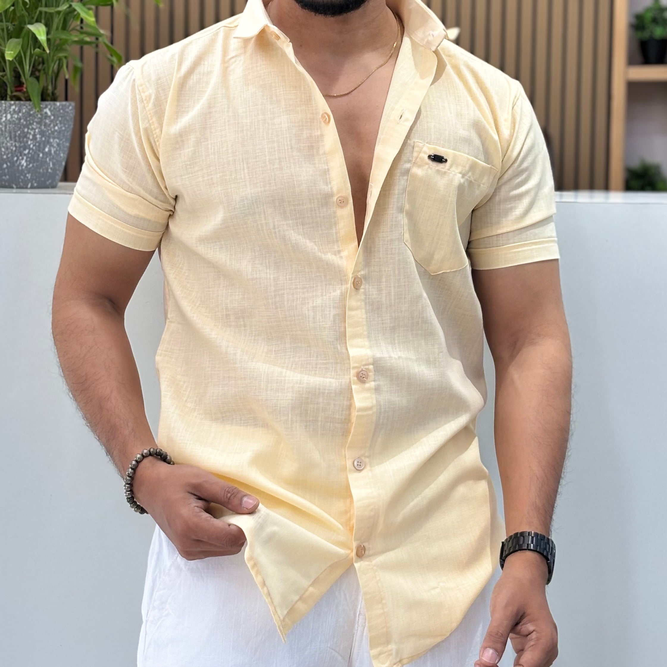 Half Sleeve Linen Blend Shirt Lemon