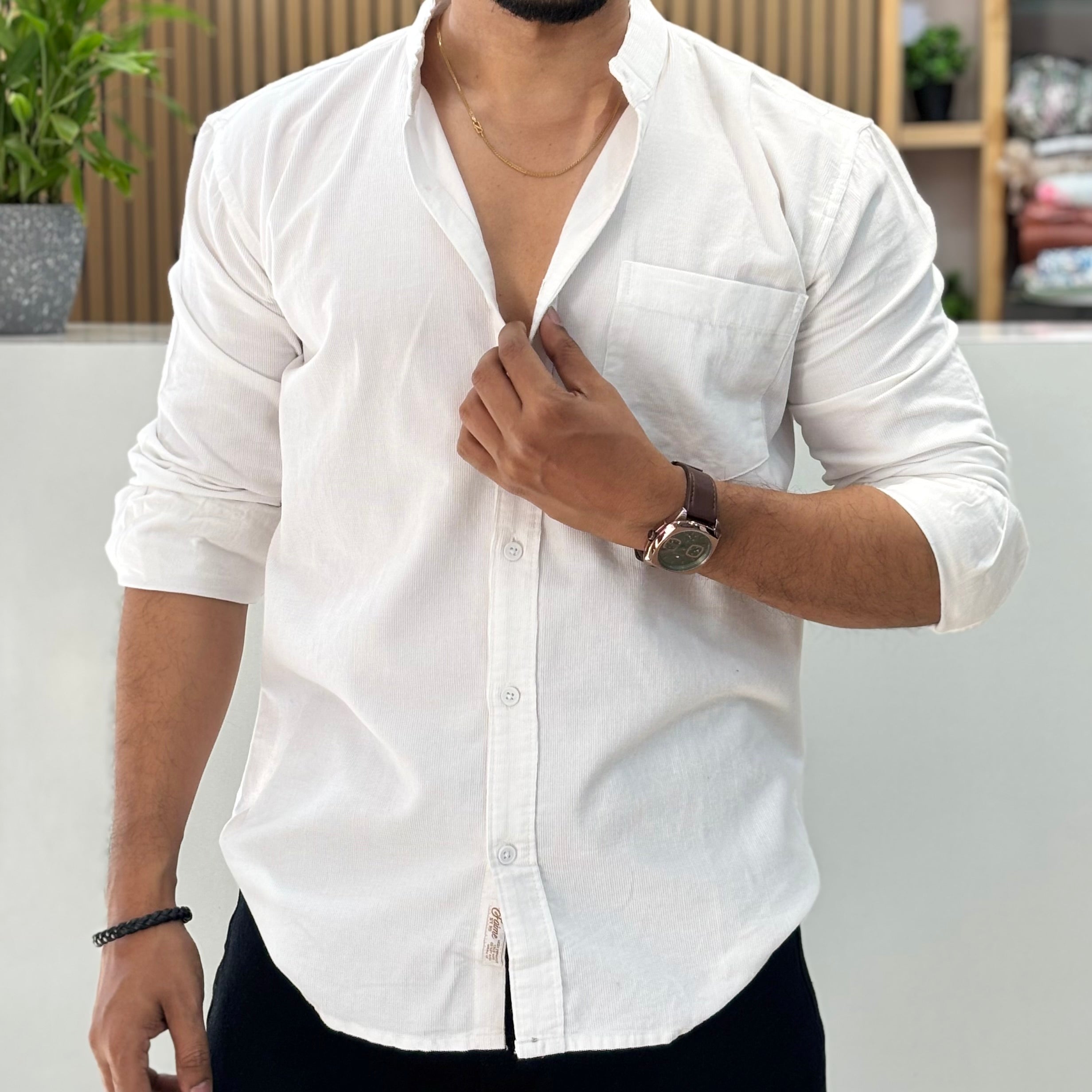 Corduroy Mandarin Collar Shirt White