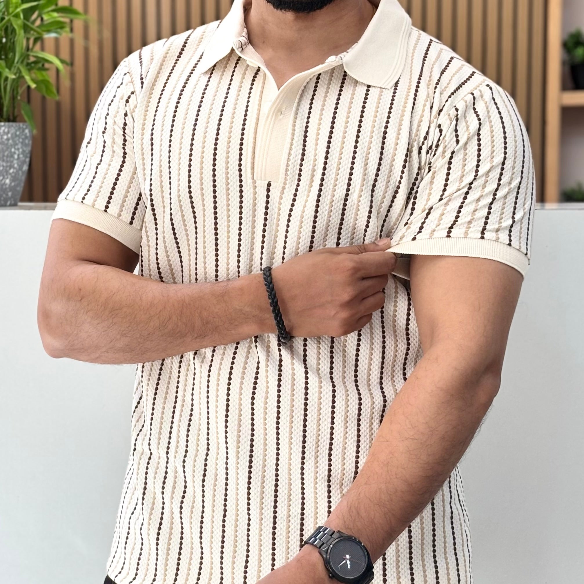 Textured Stripe Polo T-Shirt Brown & Cream