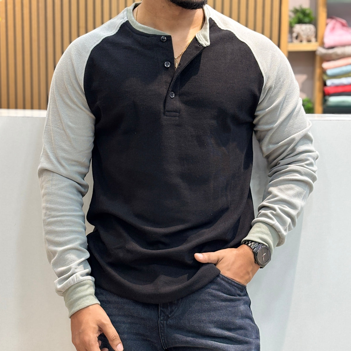 Raglan Ribbed Henley T-Shirt - Black & Grey