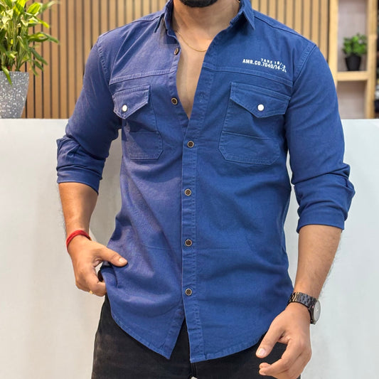 Blue Double Pocket Back Print Shirt