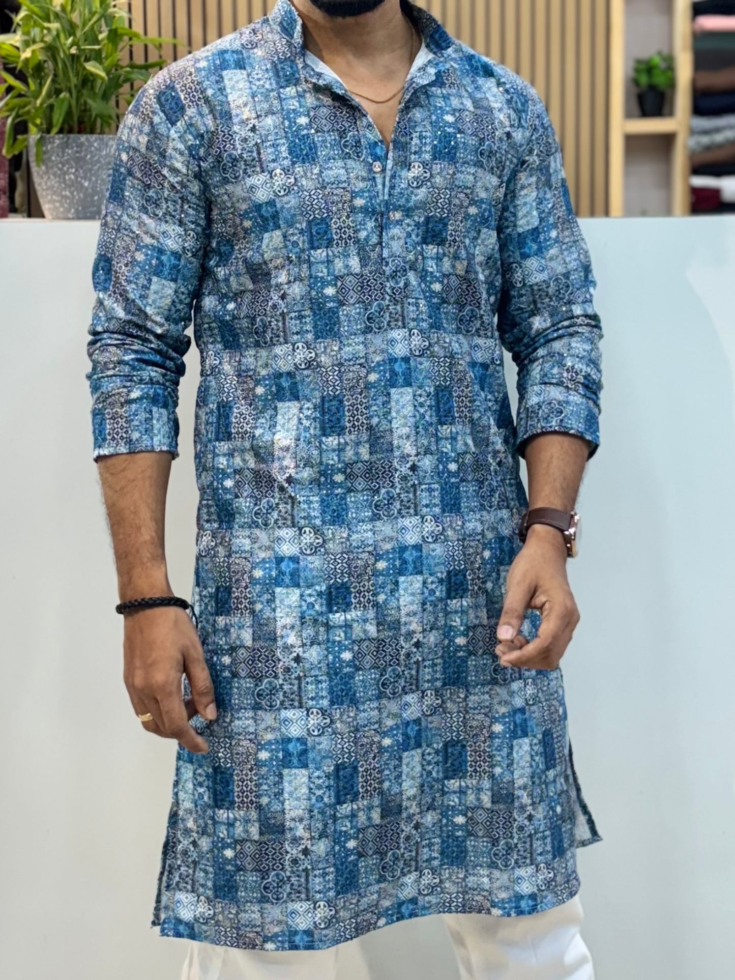 Printed Crochet Kurta Blue