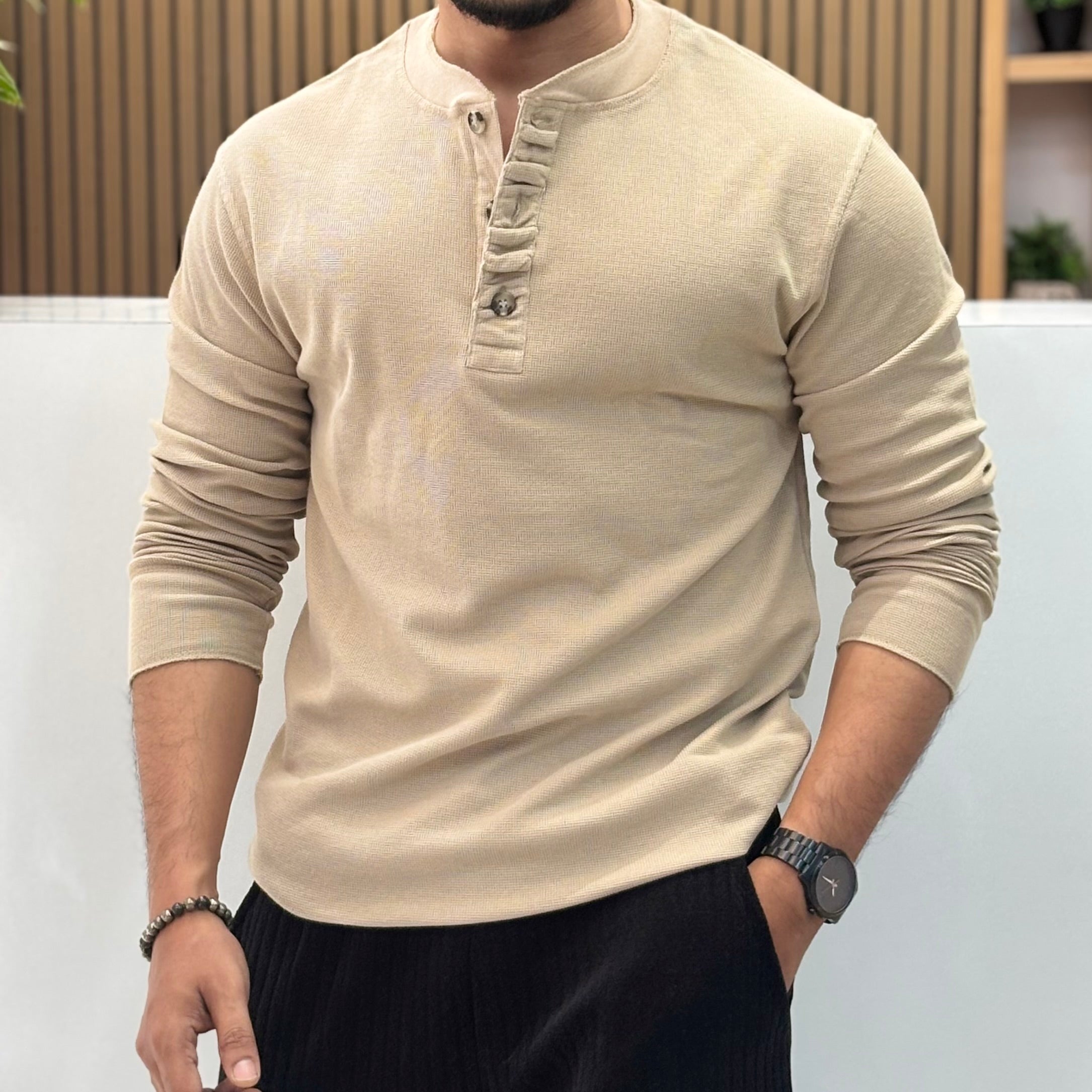 Henley Neck Regular Fit Pure Cotton T-shirt - Cream