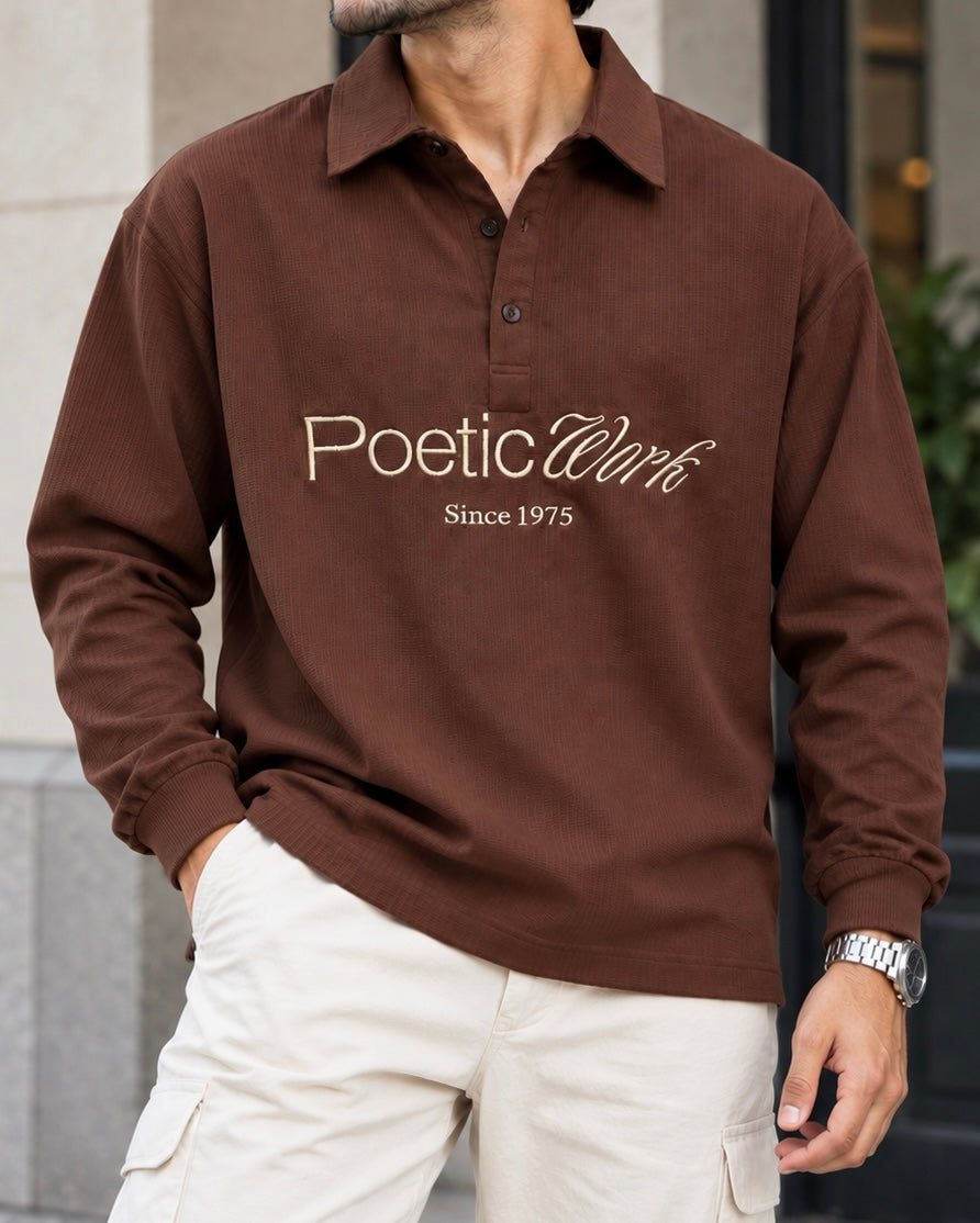 Embroidered Waffle Boxy Fit Polo - Brown