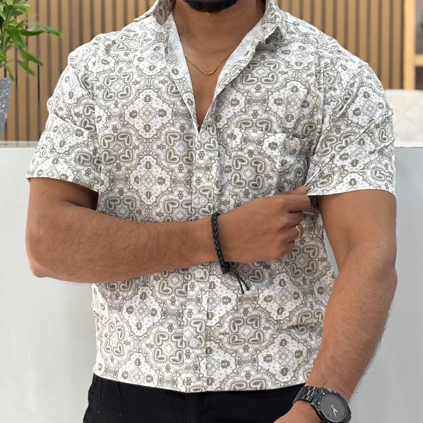 Half Sleeve Cotton Printed Shirt Olive