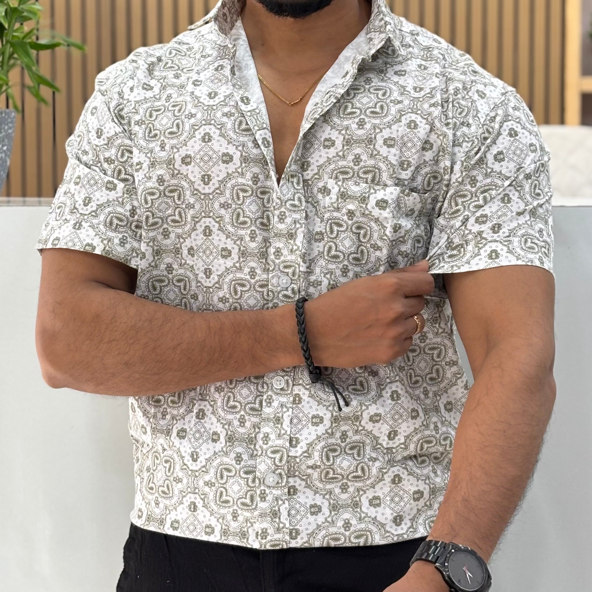 Half Sleeve Cotton Printed Shirt Olive