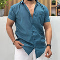 Half Sleeve Linen Blend Shirt Teal Blue