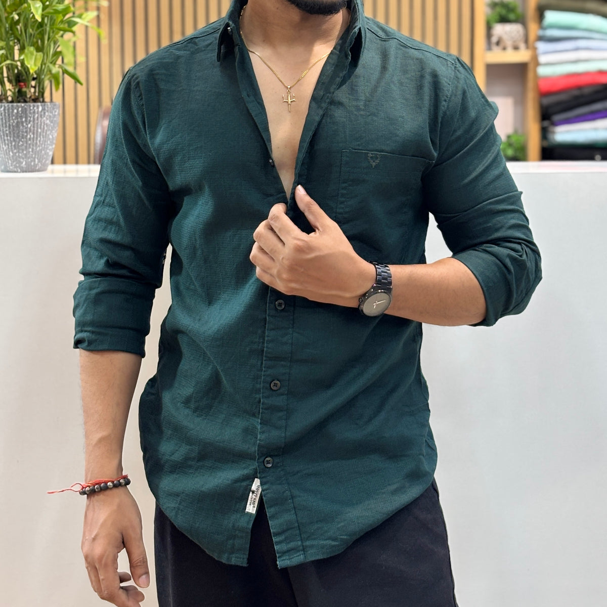 Premium Textured Cotton Shirt – Bottle Green