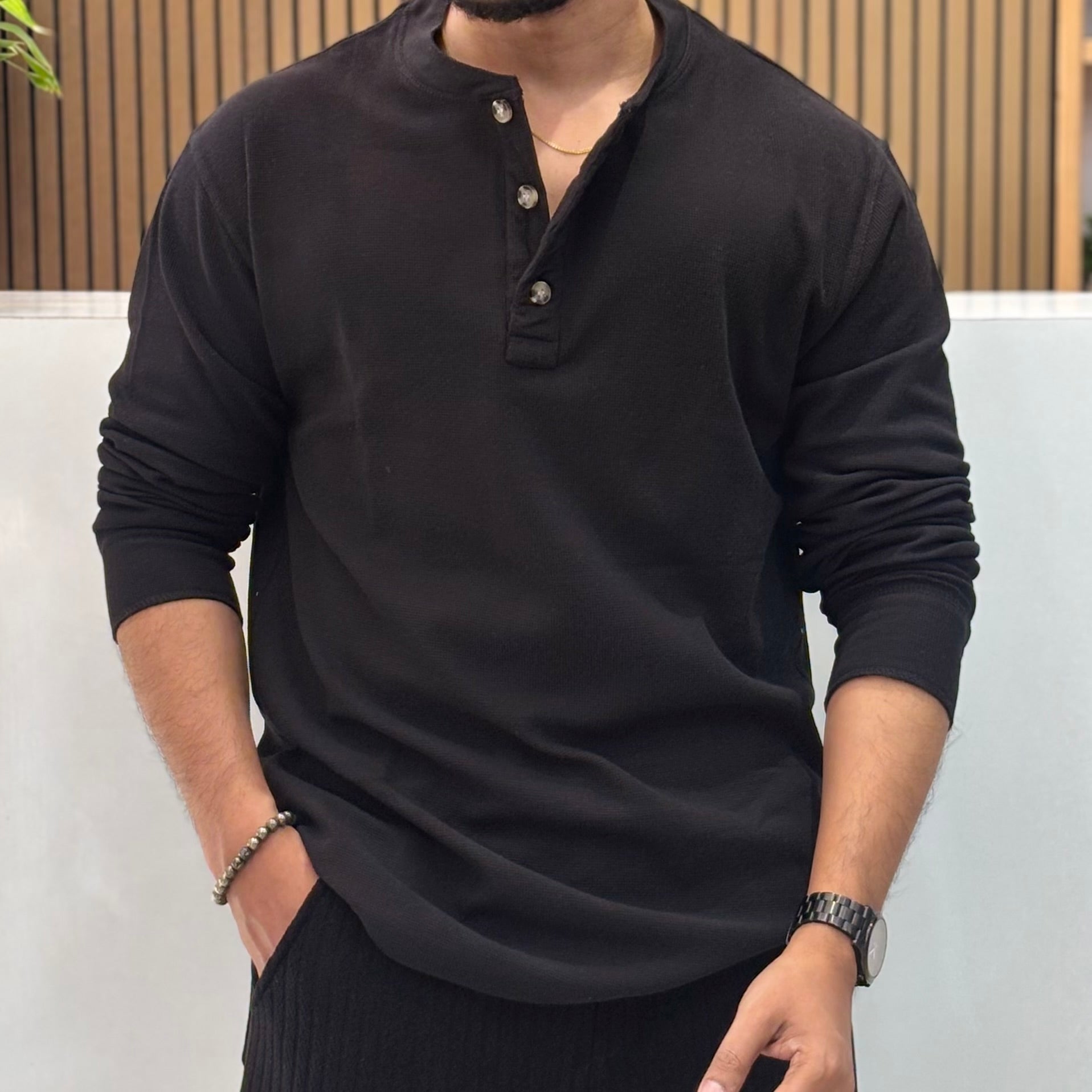 Henley Neck Regular Fit Pure Cotton T-shirt - Black