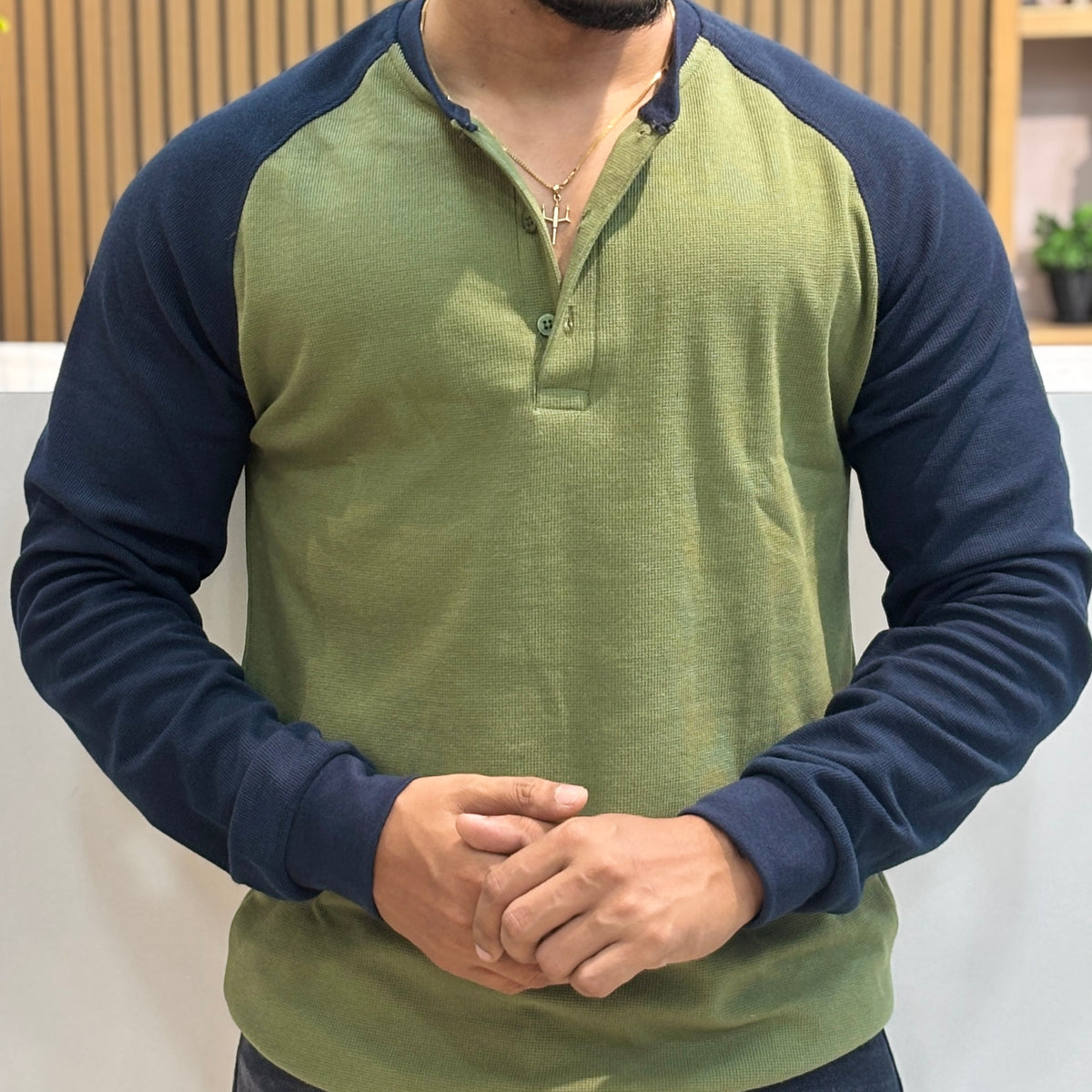 Raglan Ribbed Henley T-Shirt - Olive Green