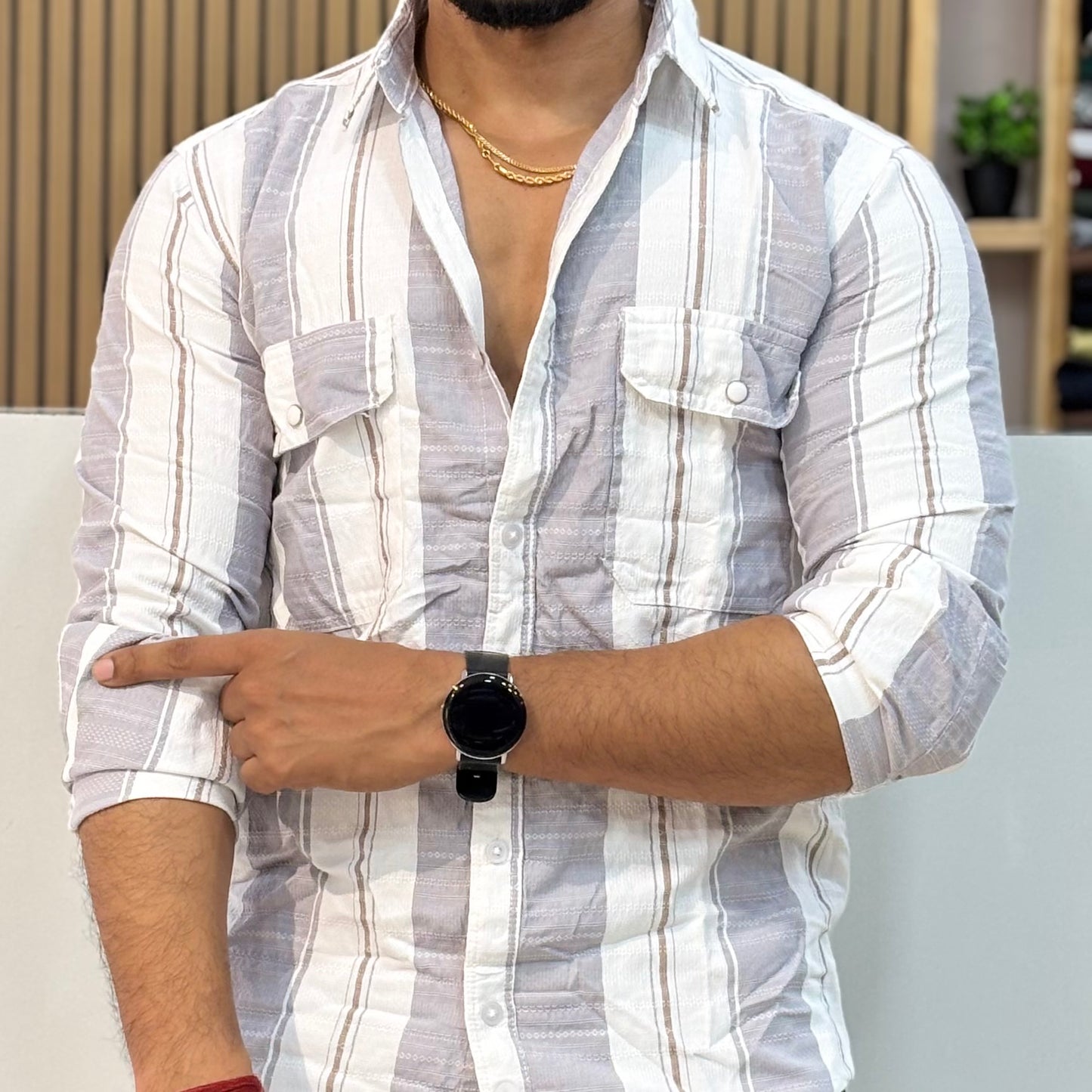 Grey Self Texture Stripe Shirt