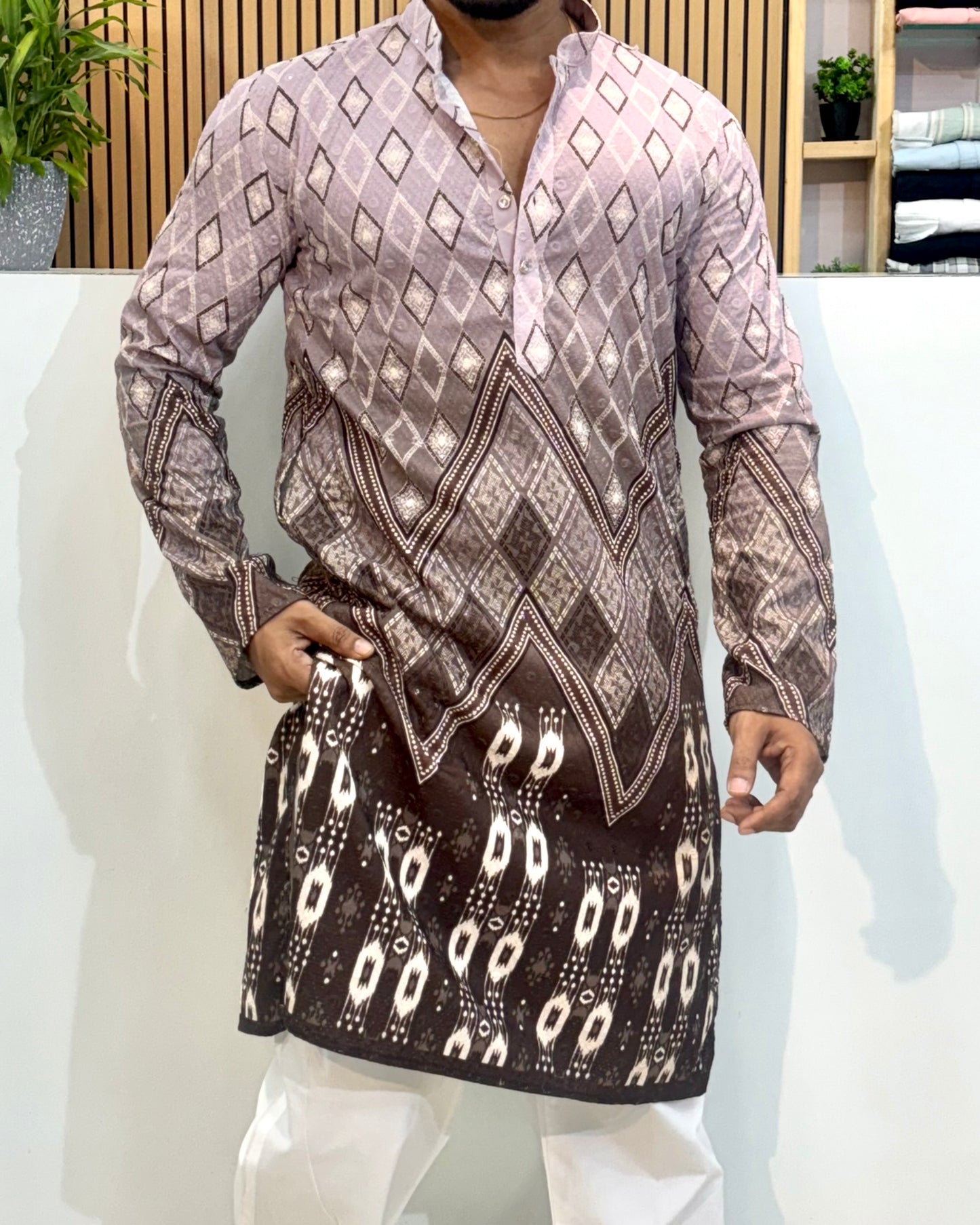 Geometric Motif Cotton Kurta With Crochet & Digital Print Brown