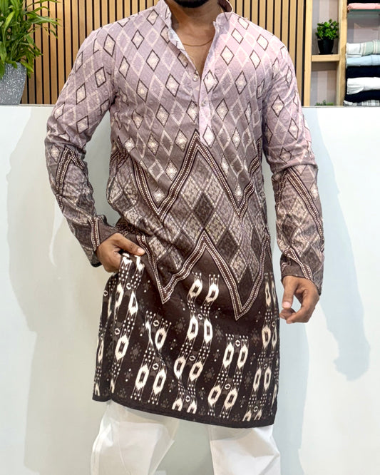 Geometric Motif Cotton Kurta With Crochet & Digital Print Brown